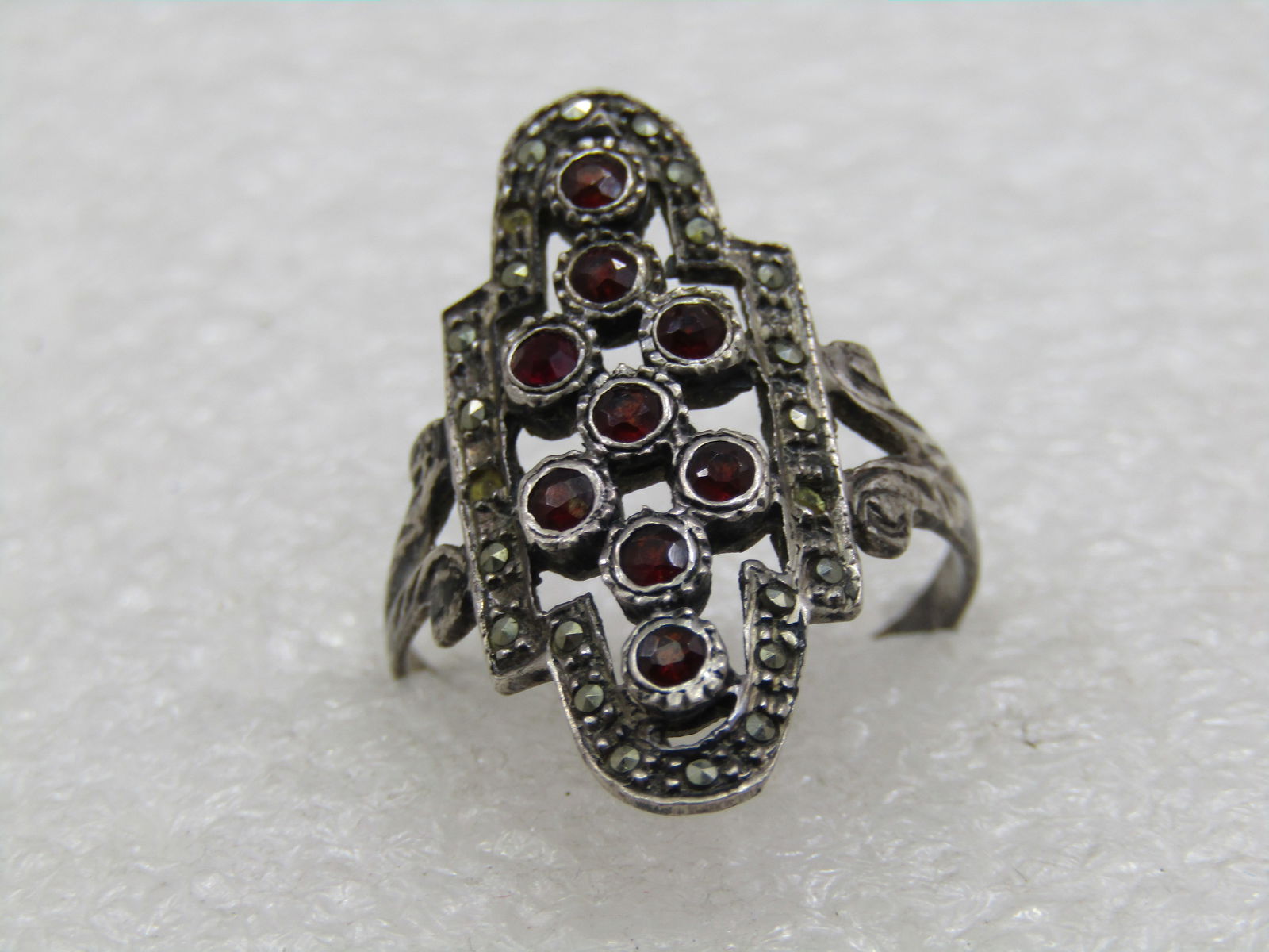 Vintage Sterling Garnet Marcasite Ring, Sz. 8.5 - 5