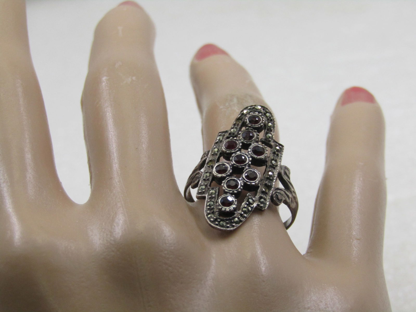 Vintage Sterling Garnet Marcasite Ring, Sz. 8.5 - 8