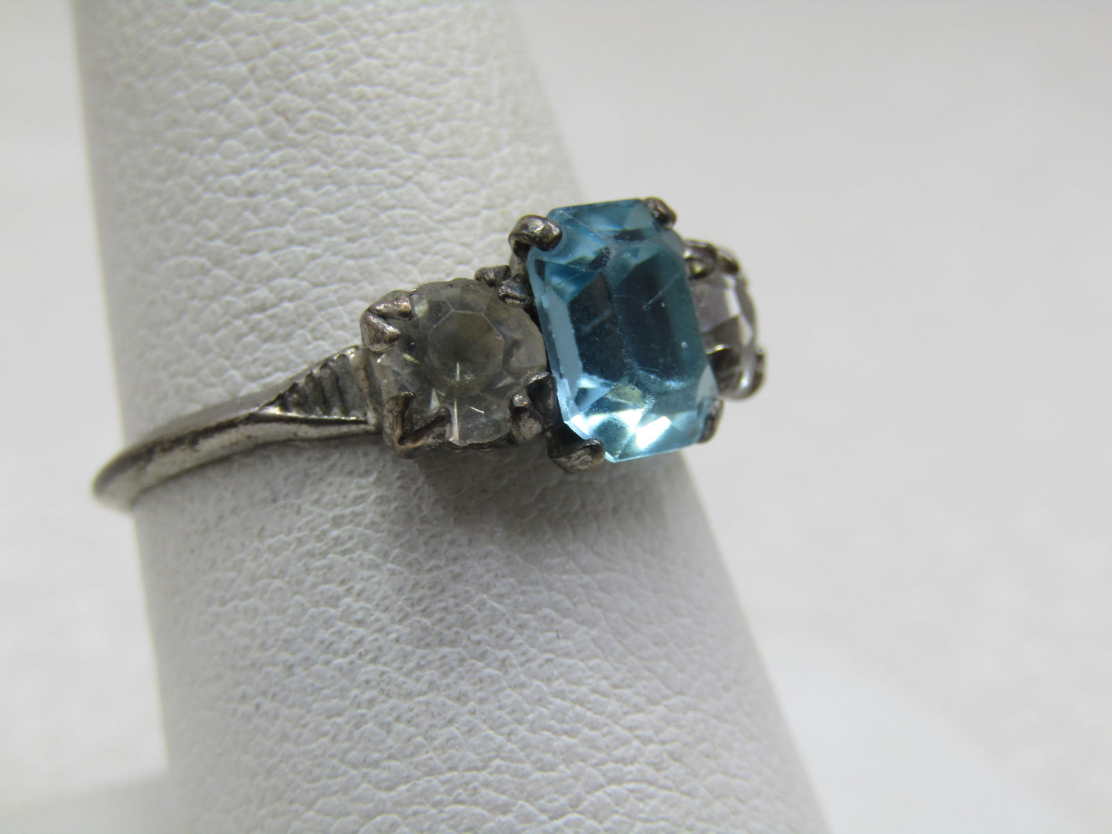 Vintage Sterling Aqua & Clear Rhinestone Ring, Sz. 8, 1940's, Signed - 2