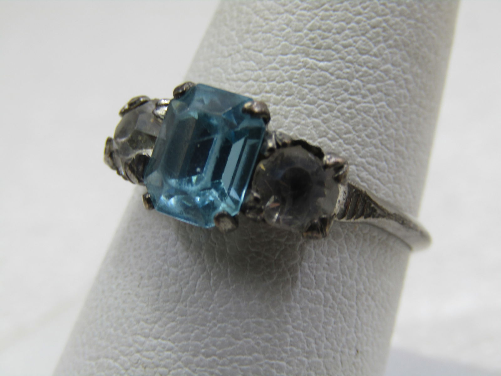 Vintage Sterling Aqua & Clear Rhinestone Ring, Sz. 8, 1940's, Signed - 3