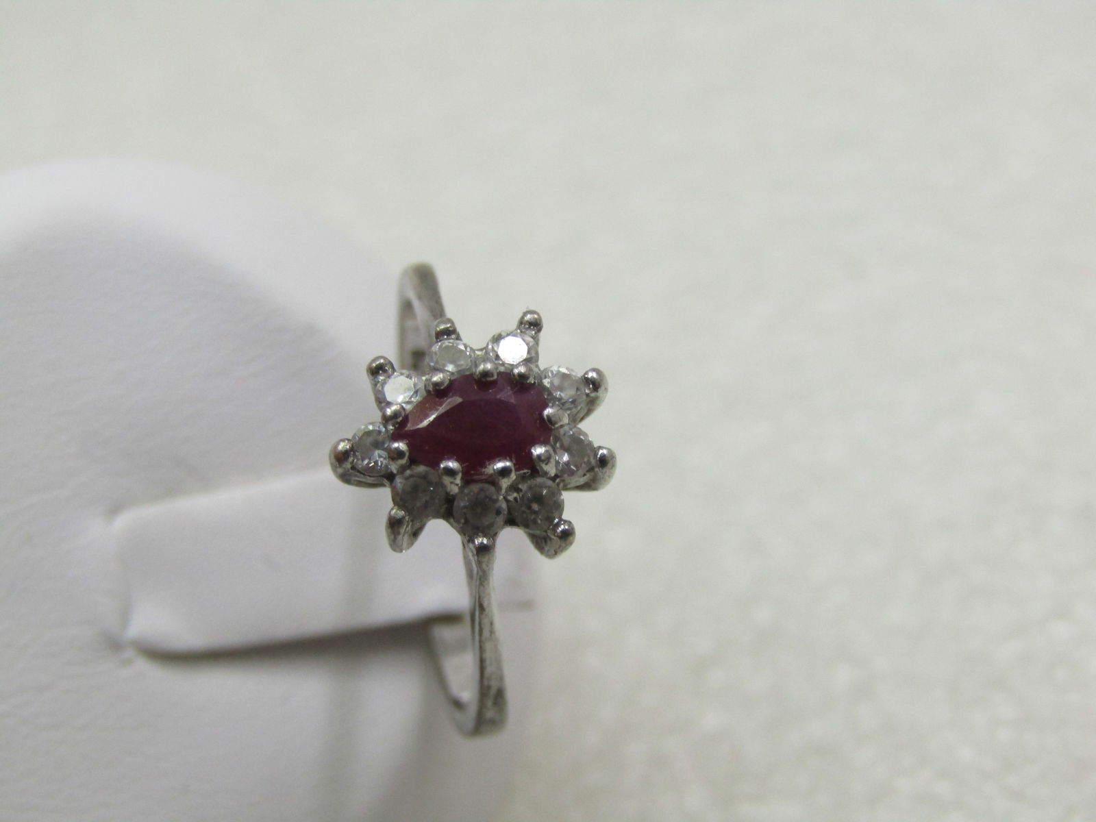 Vintage Sterling Ruby Halo Rhinestone Ring, Sz. 7.5, Signed - 2