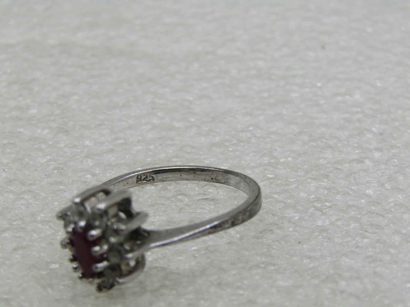 Vintage Sterling Ruby Halo Rhinestone Ring, Sz. 7.5, Signed - 5