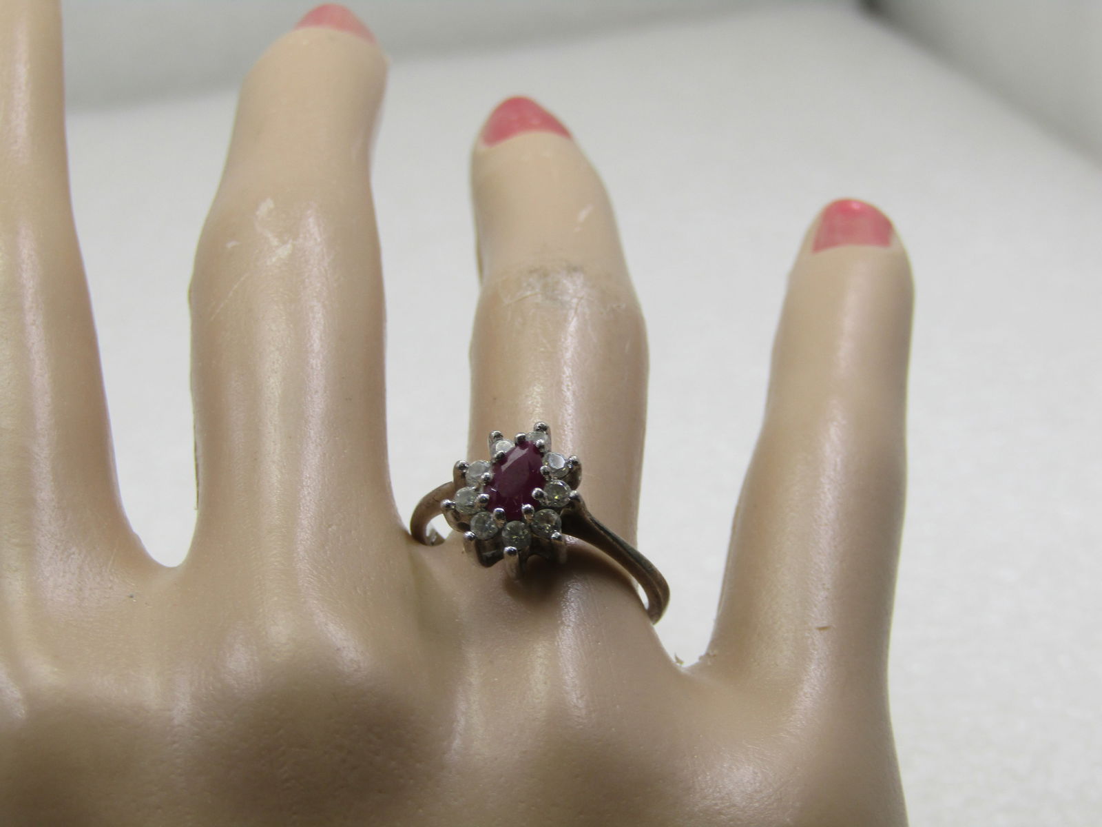 Vintage Sterling Ruby Halo Rhinestone Ring, Sz. 7.5, Signed - 7