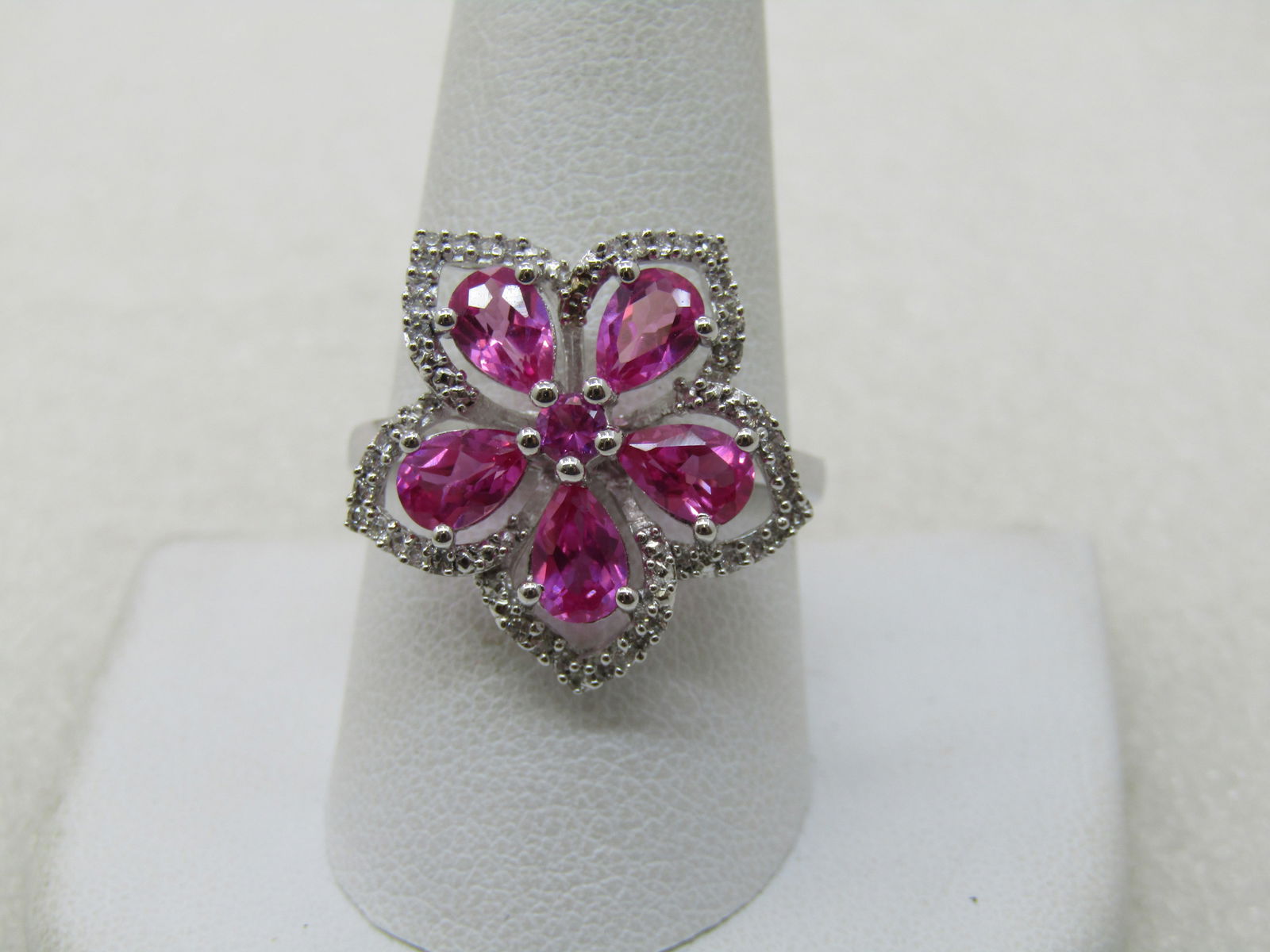 Sterling Silver Lab Pink Ruby Floral Ring, Clear CZ, Sz. 10.5 - 2