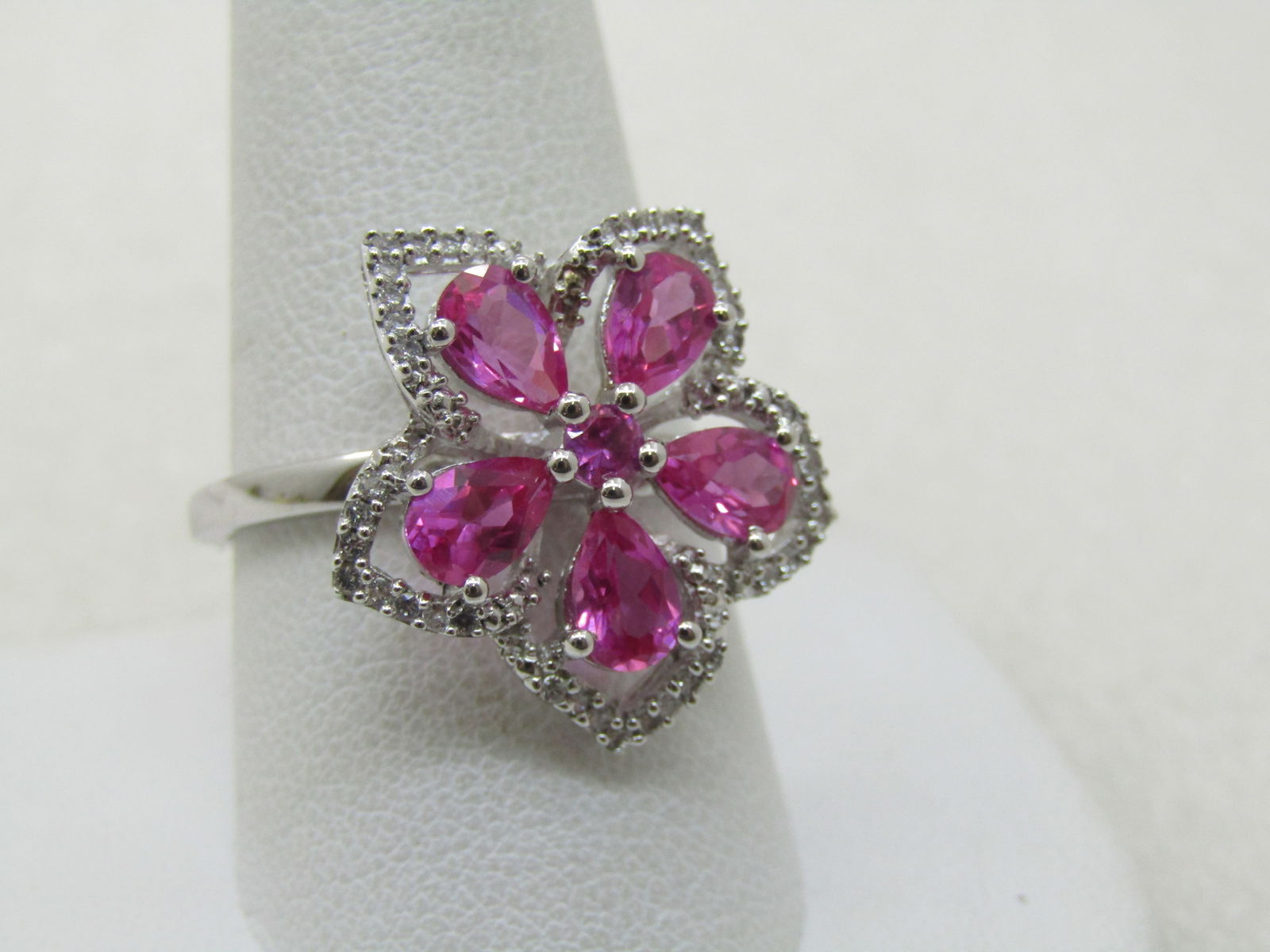 Sterling Silver Lab Pink Ruby Floral Ring, Clear CZ, Sz. 10.5 - 3