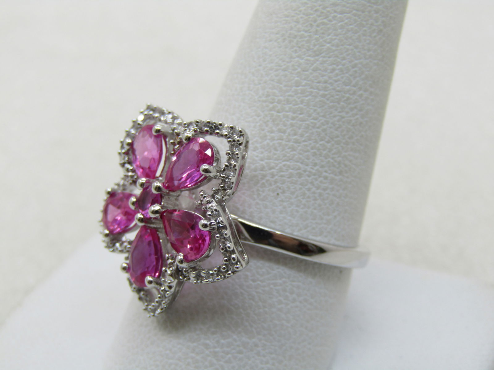 Sterling Silver Lab Pink Ruby Floral Ring, Clear CZ, Sz. 10.5 - 4
