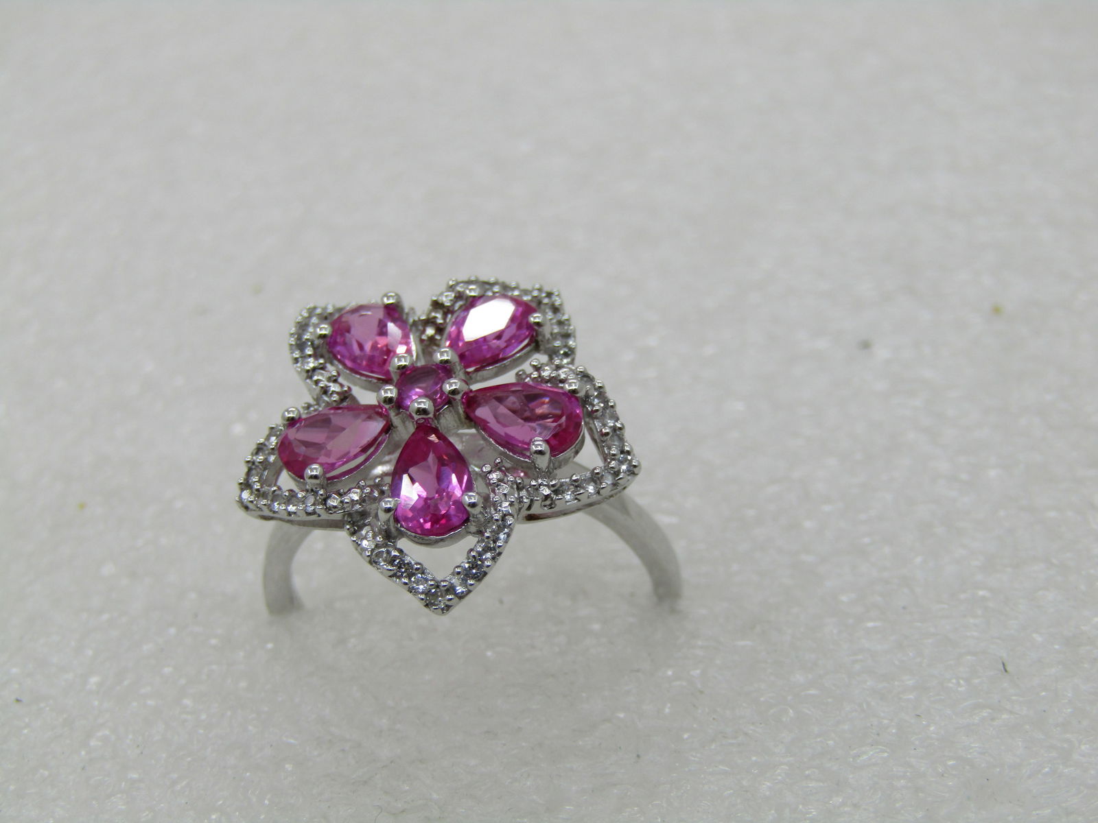 Sterling Silver Lab Pink Ruby Floral Ring, Clear CZ, Sz. 10.5 - 5