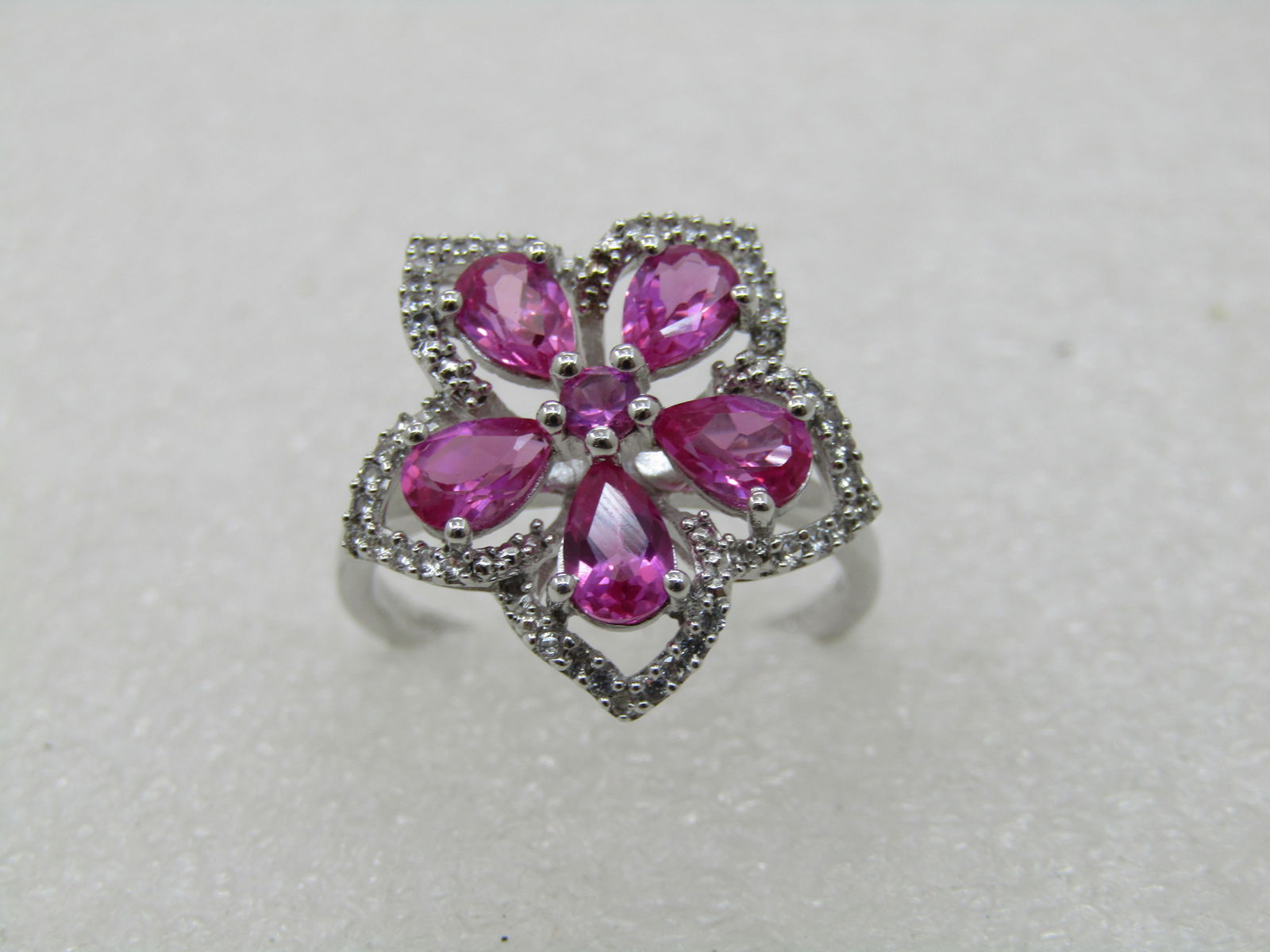 Sterling Silver Lab Pink Ruby Floral Ring, Clear CZ, Sz. 10.5 - 6