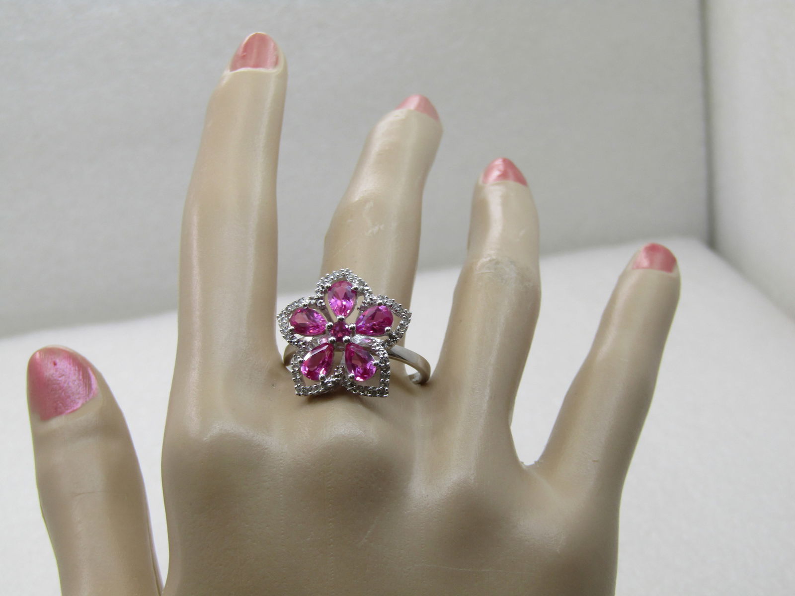 Sterling Silver Lab Pink Ruby Floral Ring, Clear CZ, Sz. 10.5 - 9
