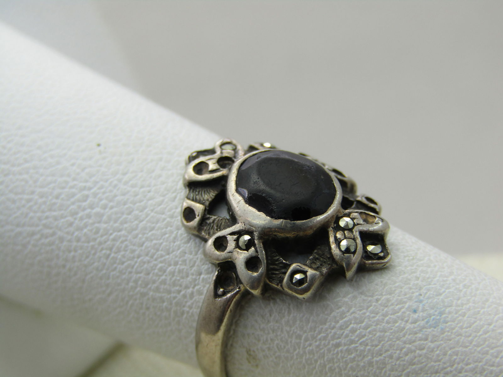 Vintage Sterling Silver Onyx Marcasite Ring, Sz. 6.5 - 5