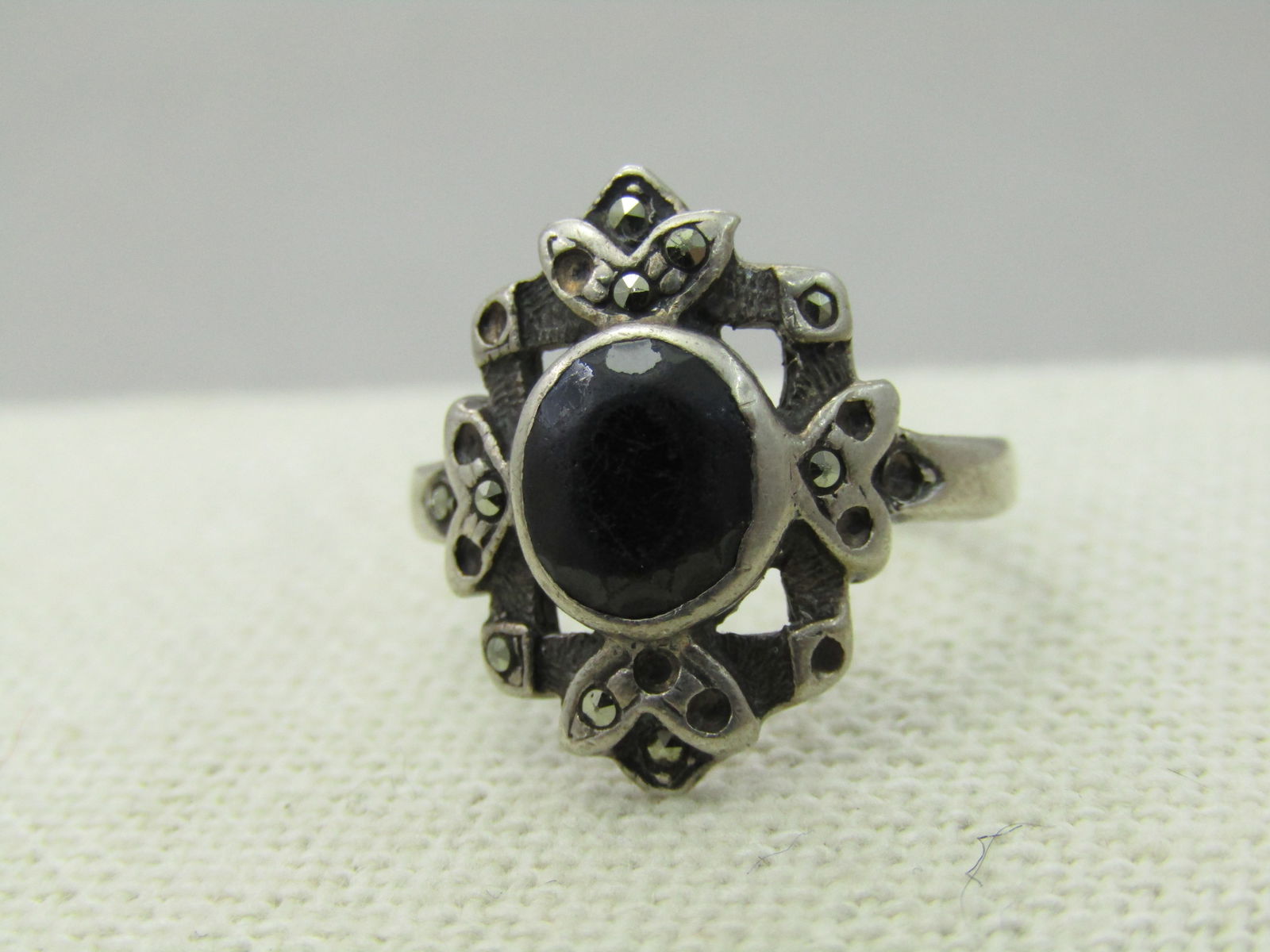Vintage Sterling Silver Onyx Marcasite Ring, Sz. 6.5 - 6