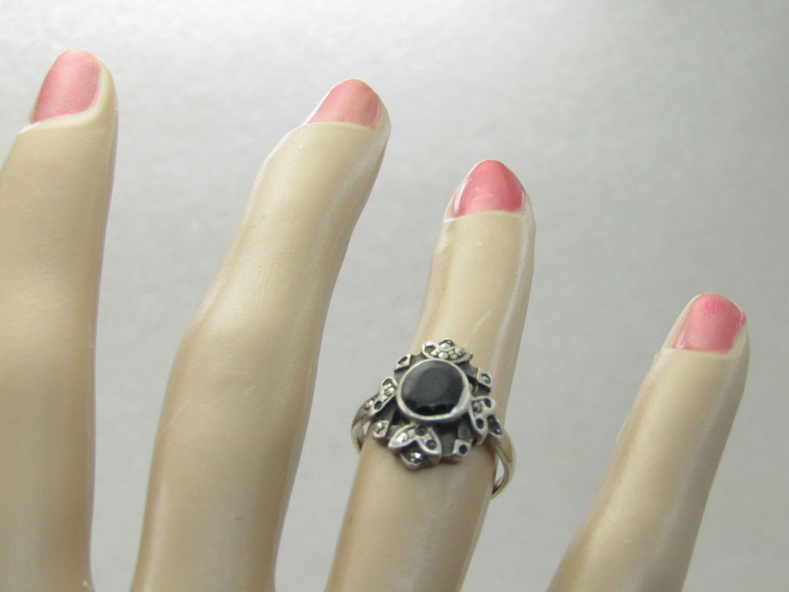 Vintage Sterling Silver Onyx Marcasite Ring, Sz. 6.5 - 7