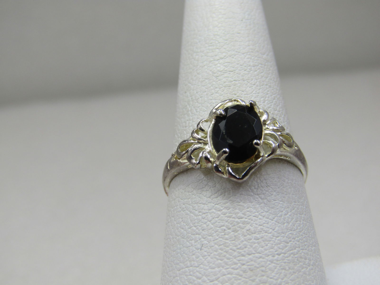 Silver Plated Black Stone Ring, Sz. 8. Scrolled - 2