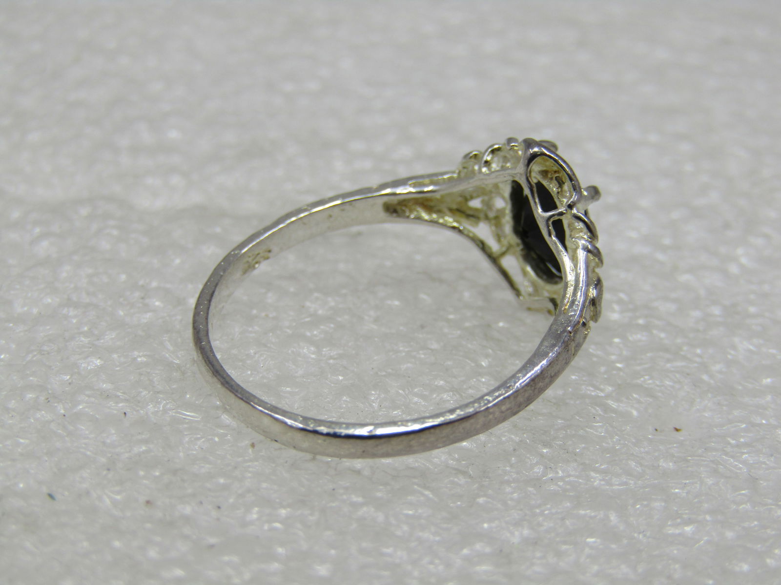 Silver Plated Black Stone Ring, Sz. 8. Scrolled - 8