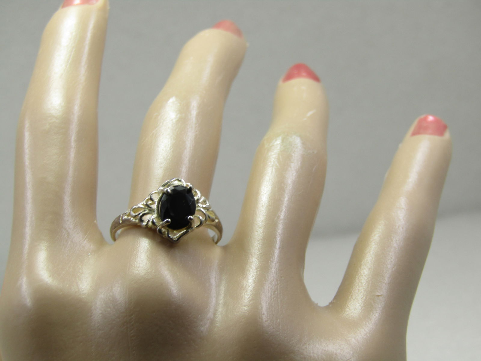 Silver Plated Black Stone Ring, Sz. 8. Scrolled - 9