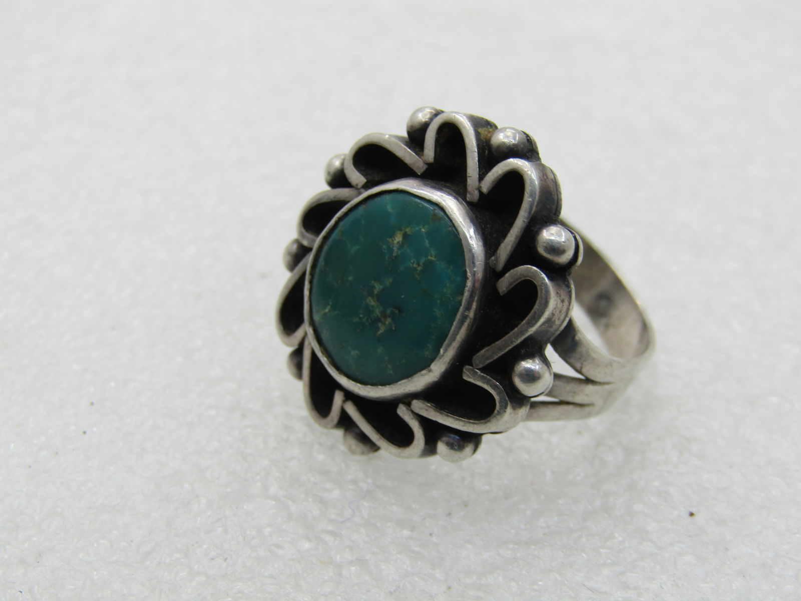 Vintage Sterling Southwestern Turquoise Ring, Sz 9.5, Unisex, Scrolled - 6