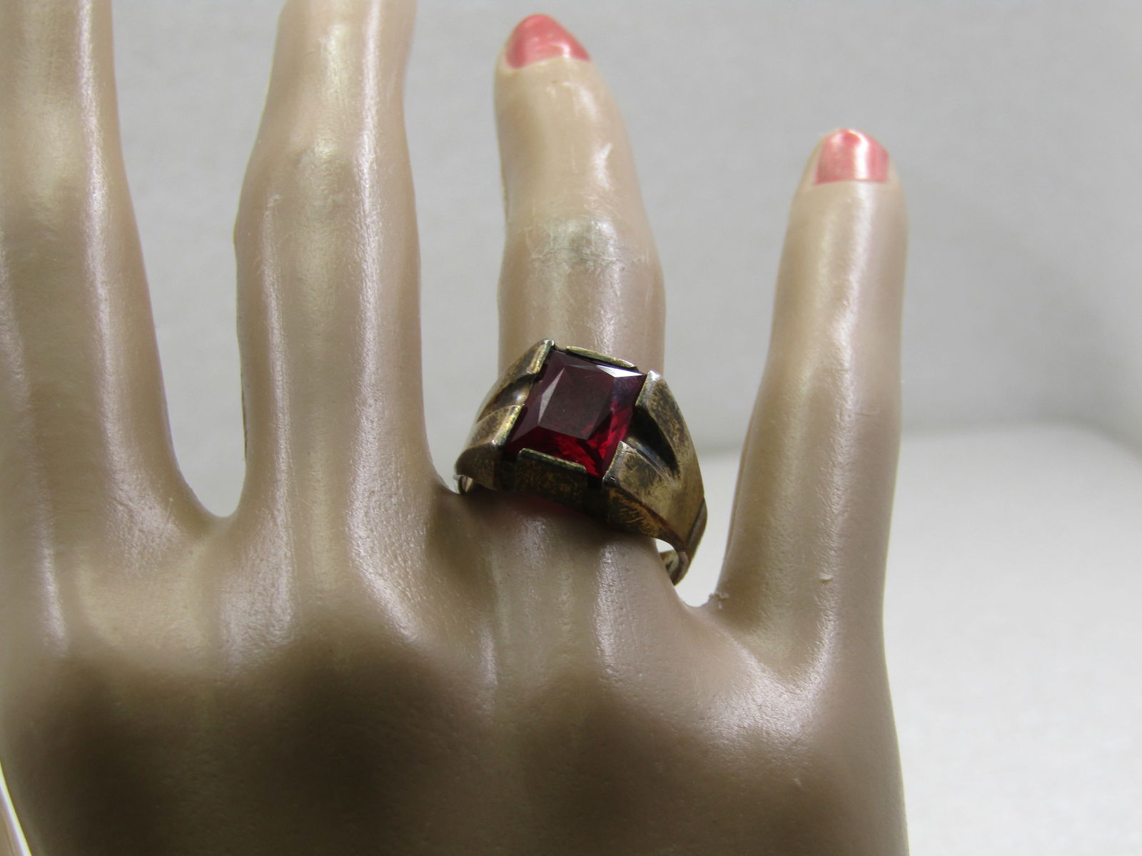 Vintage 10kt Plated Sterling Ruby Ring, Sz. 7.75, Signed F.C. - 7