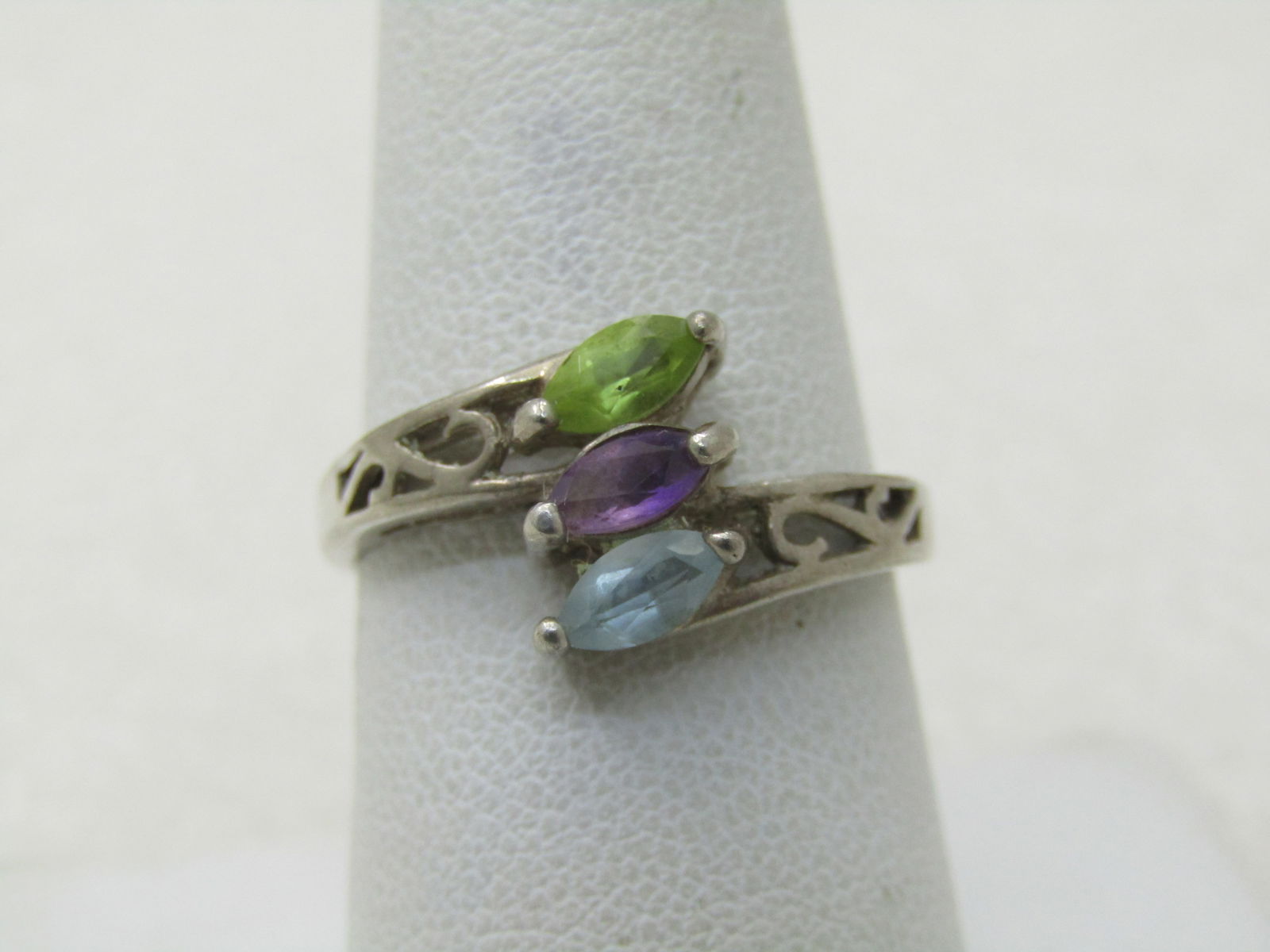 Vintage Sterling Topaz, Amethyst, Peridot Ring, Marquise, Sz. 8.5 (1 of 6)