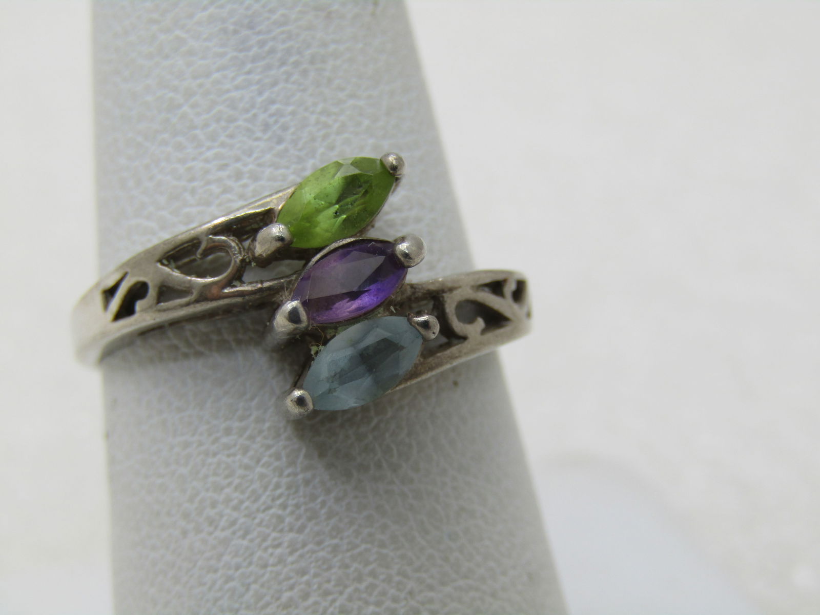 Vintage Sterling Topaz, Amethyst, Peridot Ring, Marquise, Sz. 8.5 - 2