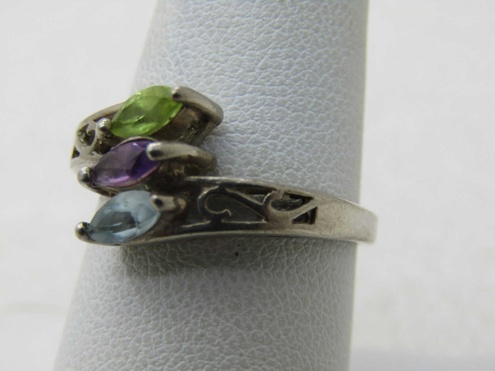 Vintage Sterling Topaz, Amethyst, Peridot Ring, Marquise, Sz. 8.5 - 3