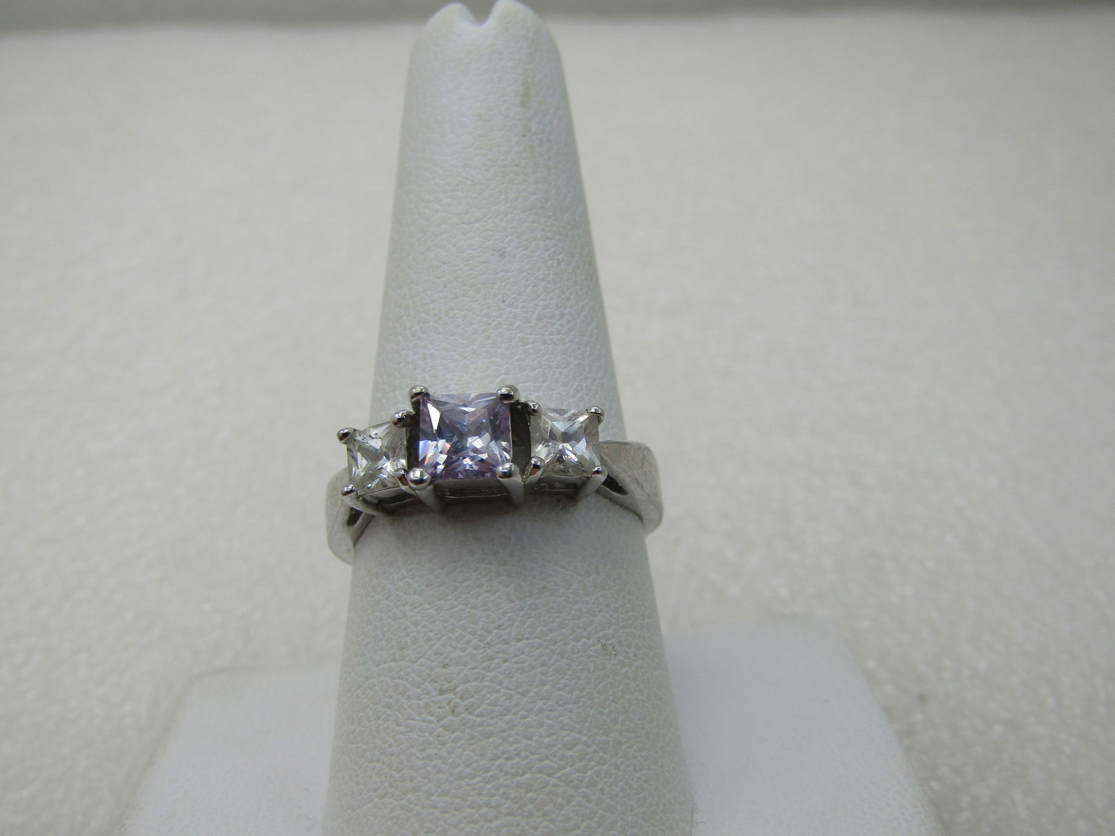 Purple & Clear CZ Ring, Sz. 9, Square Tiered, Rhodium/Silver Plated - 2