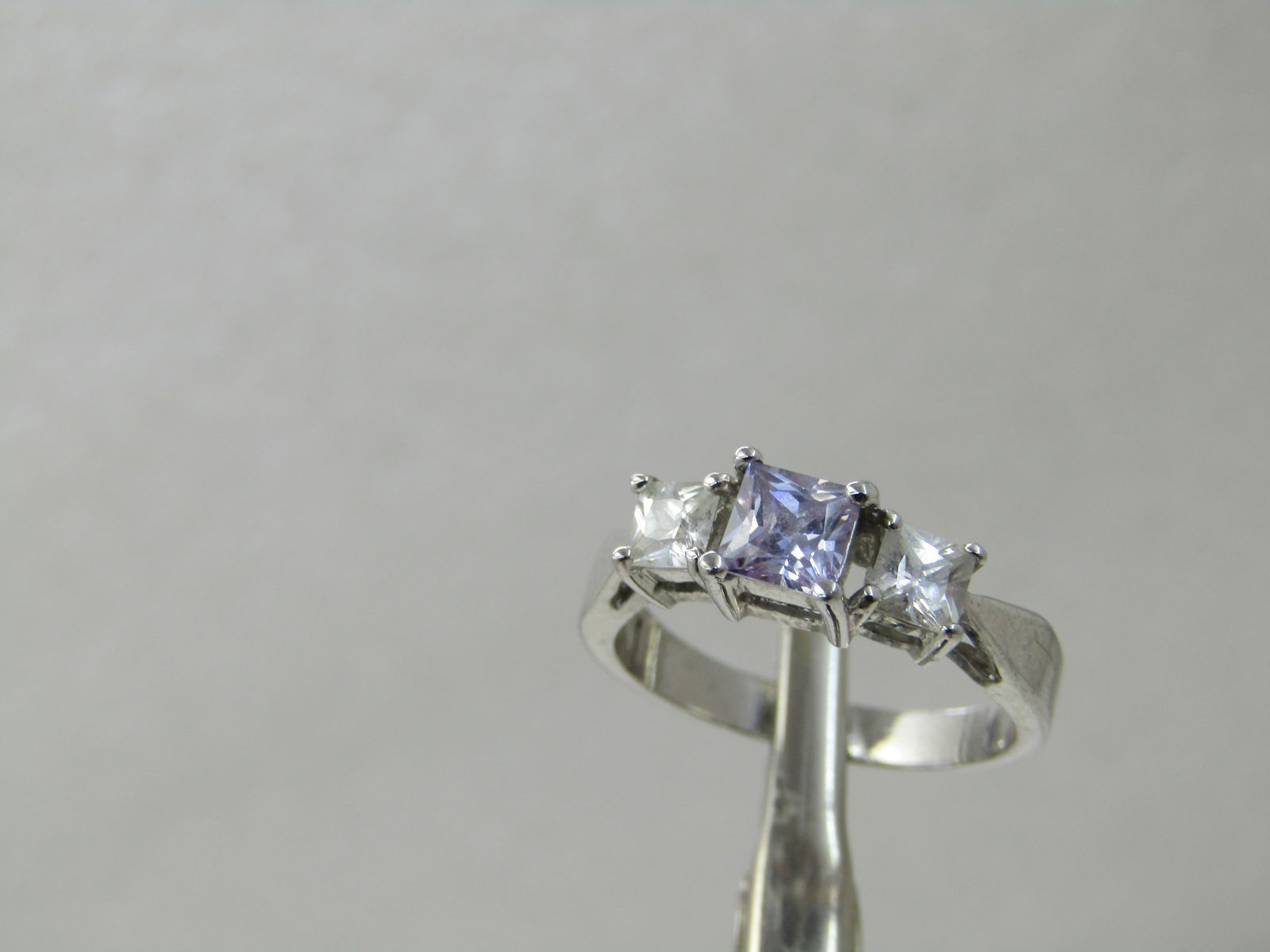 Purple & Clear CZ Ring, Sz. 9, Square Tiered, Rhodium/Silver Plated - 3