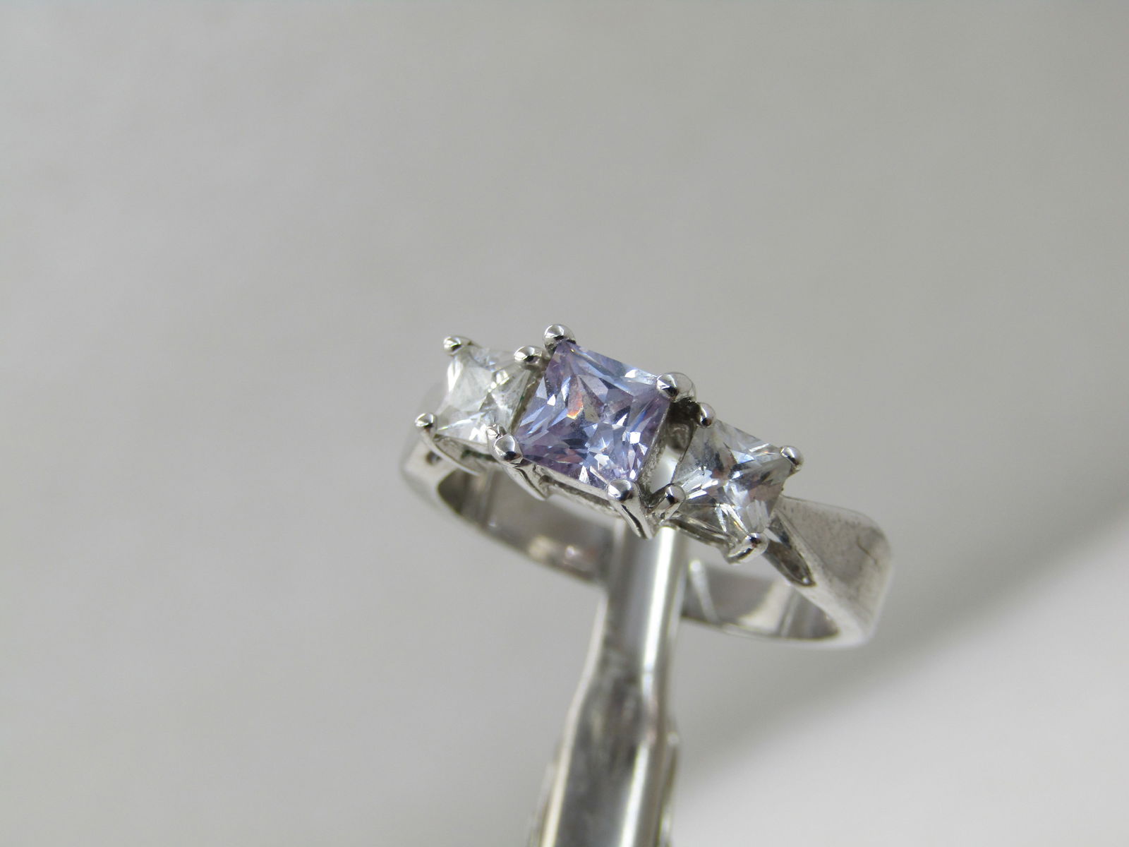Purple & Clear CZ Ring, Sz. 9, Square Tiered, Rhodium/Silver Plated - 4