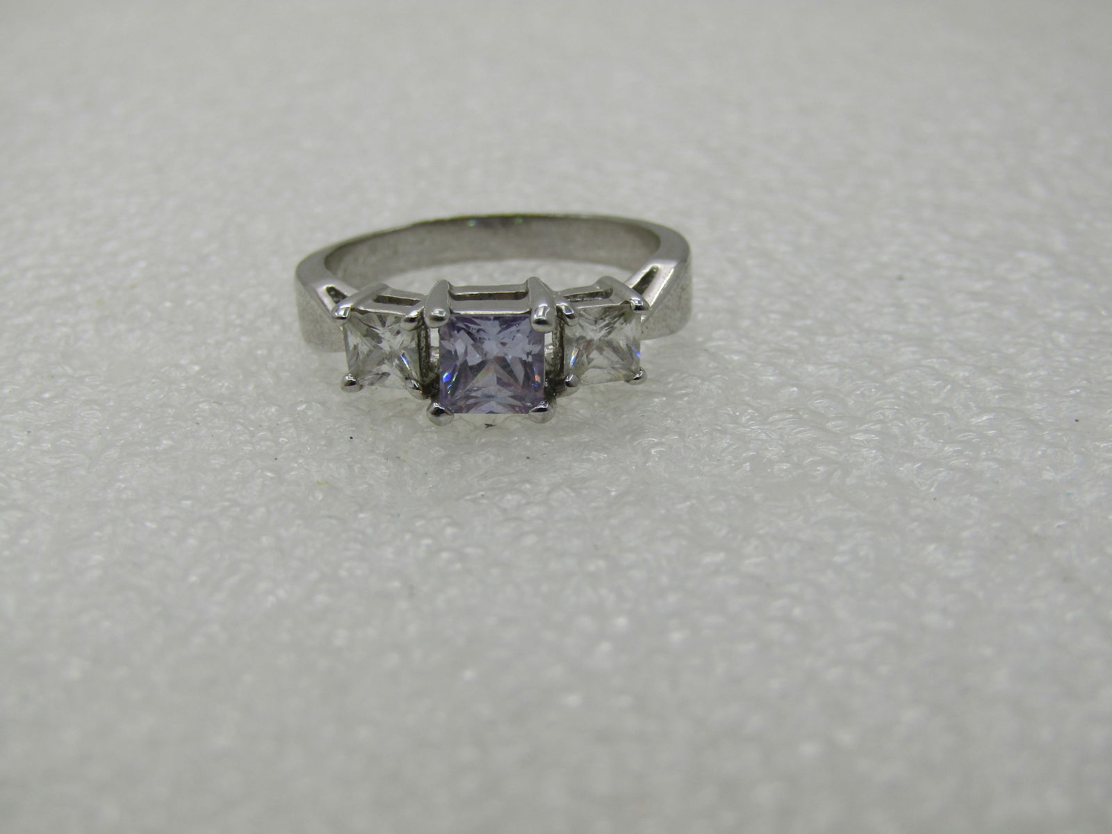 Purple & Clear CZ Ring, Sz. 9, Square Tiered, Rhodium/Silver Plated - 5
