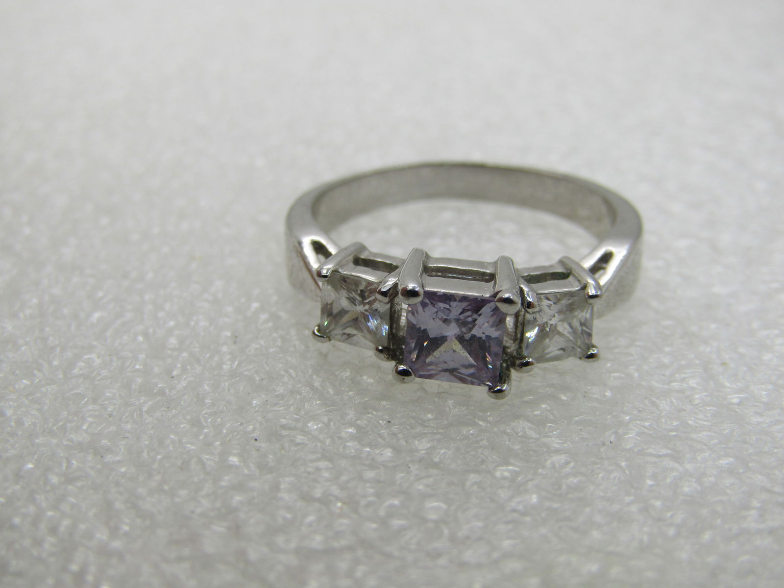 Purple & Clear CZ Ring, Sz. 9, Square Tiered, Rhodium/Silver Plated - 8