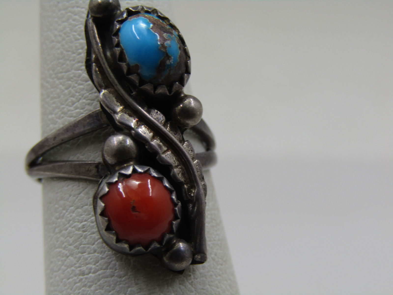 Vintage Sterling Southwestern Turquoise Coral Ring, Sz. 5, 1960's-1970's - 2