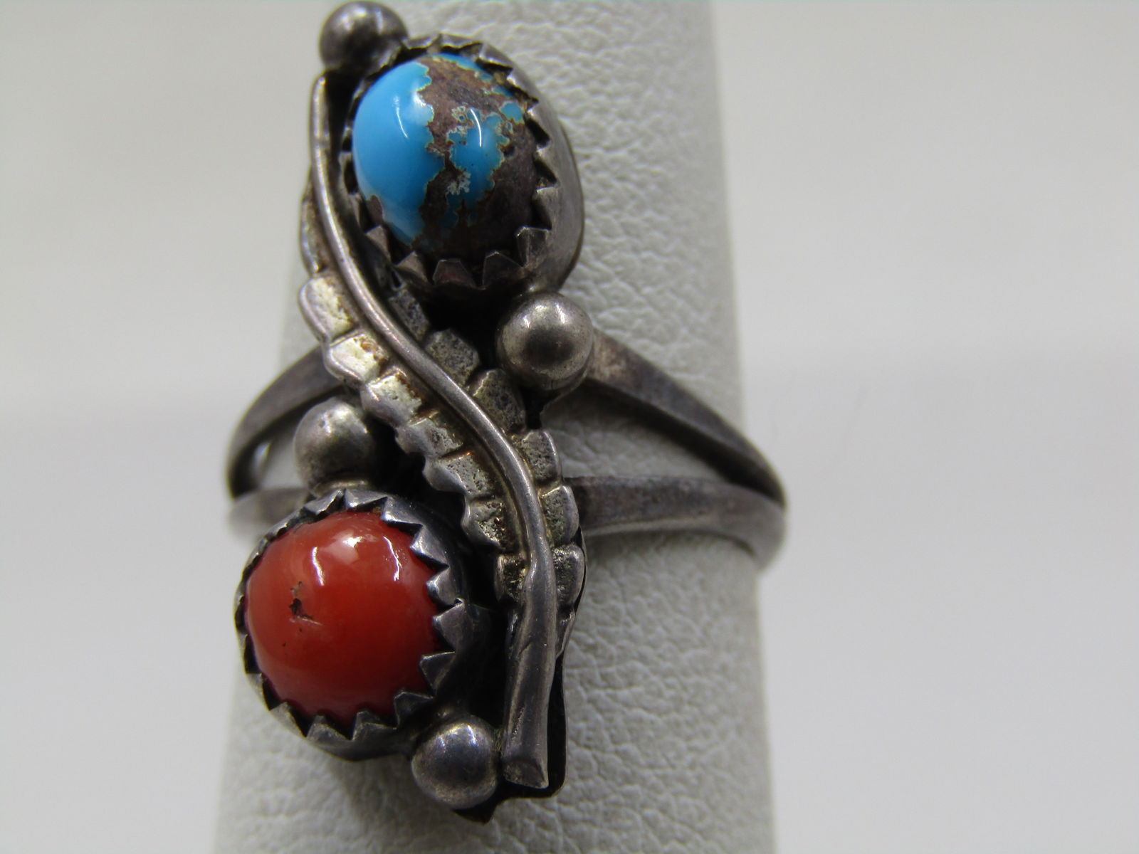 Vintage Sterling Southwestern Turquoise Coral Ring, Sz. 5, 1960's-1970's - 3