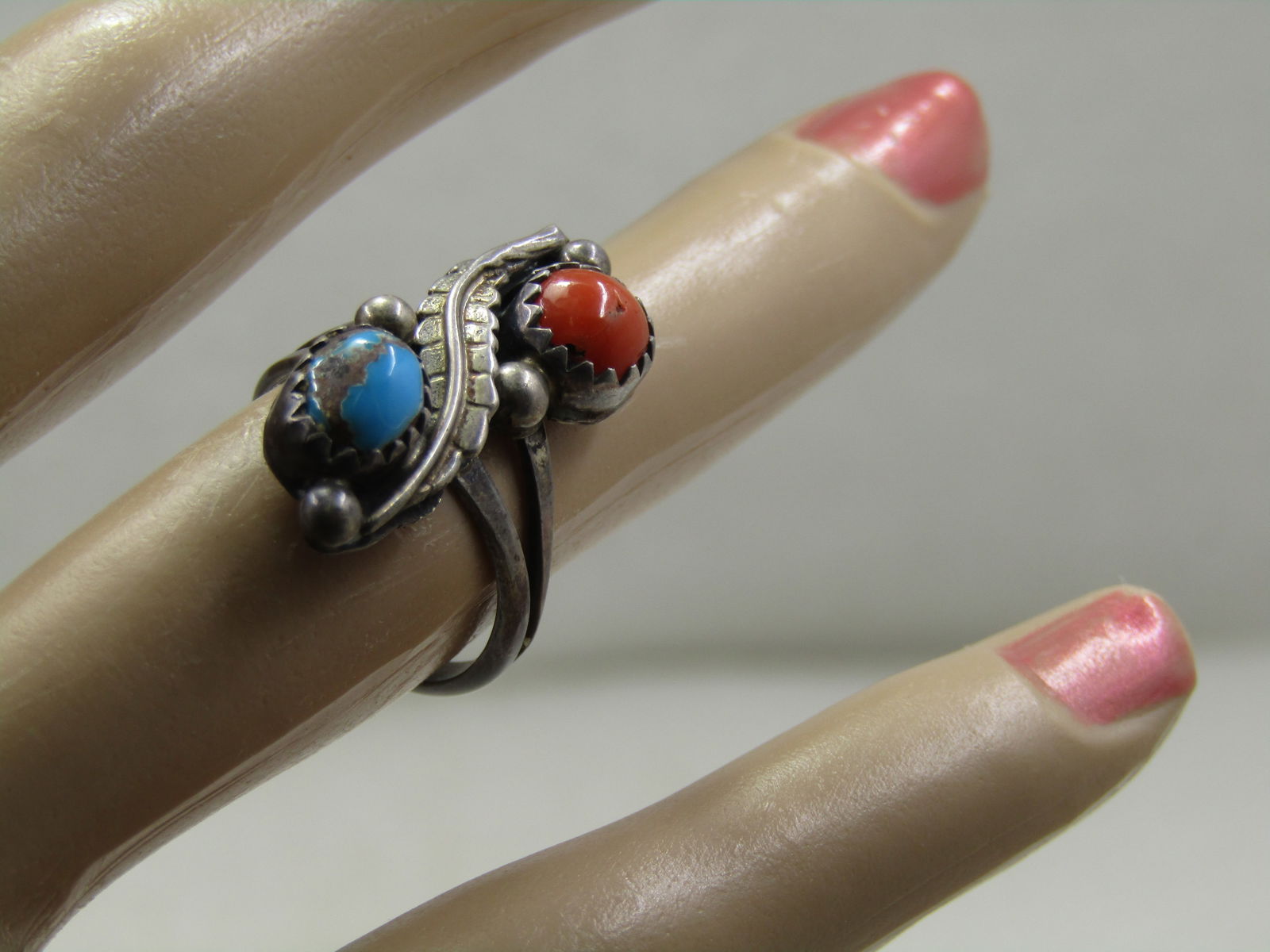 Vintage Sterling Southwestern Turquoise Coral Ring, Sz. 5, 1960's-1970's - 5