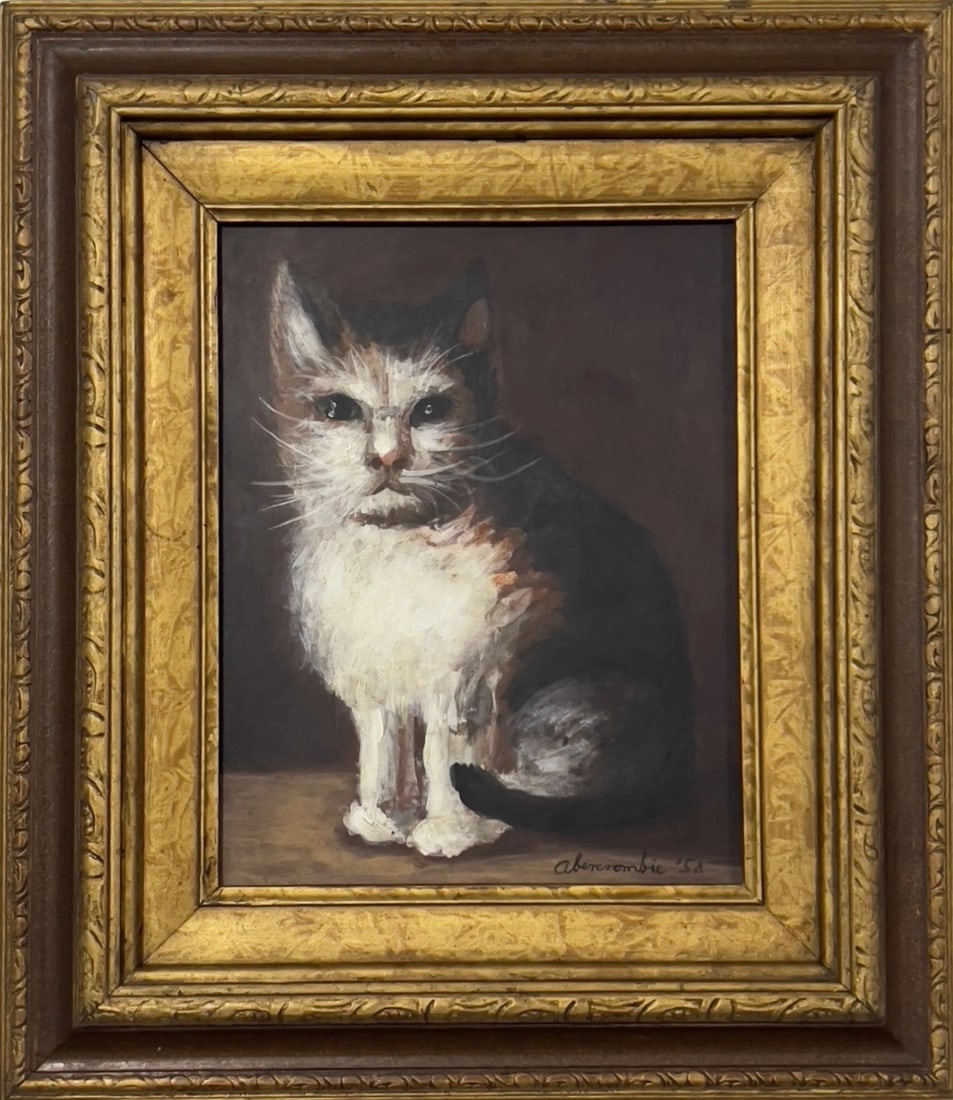 GERTRUDE ABERCROMBIE PAINTINGOIL ON MASONITE "58: Title:GERTRUDE ABERCROMBIE PAINTINGOIL ON MASONITE "58Description:Oil painting of a cat by American artist Gertrude Abercrombie, signed and dated '58. Known for her surrealist work, Abercrombie