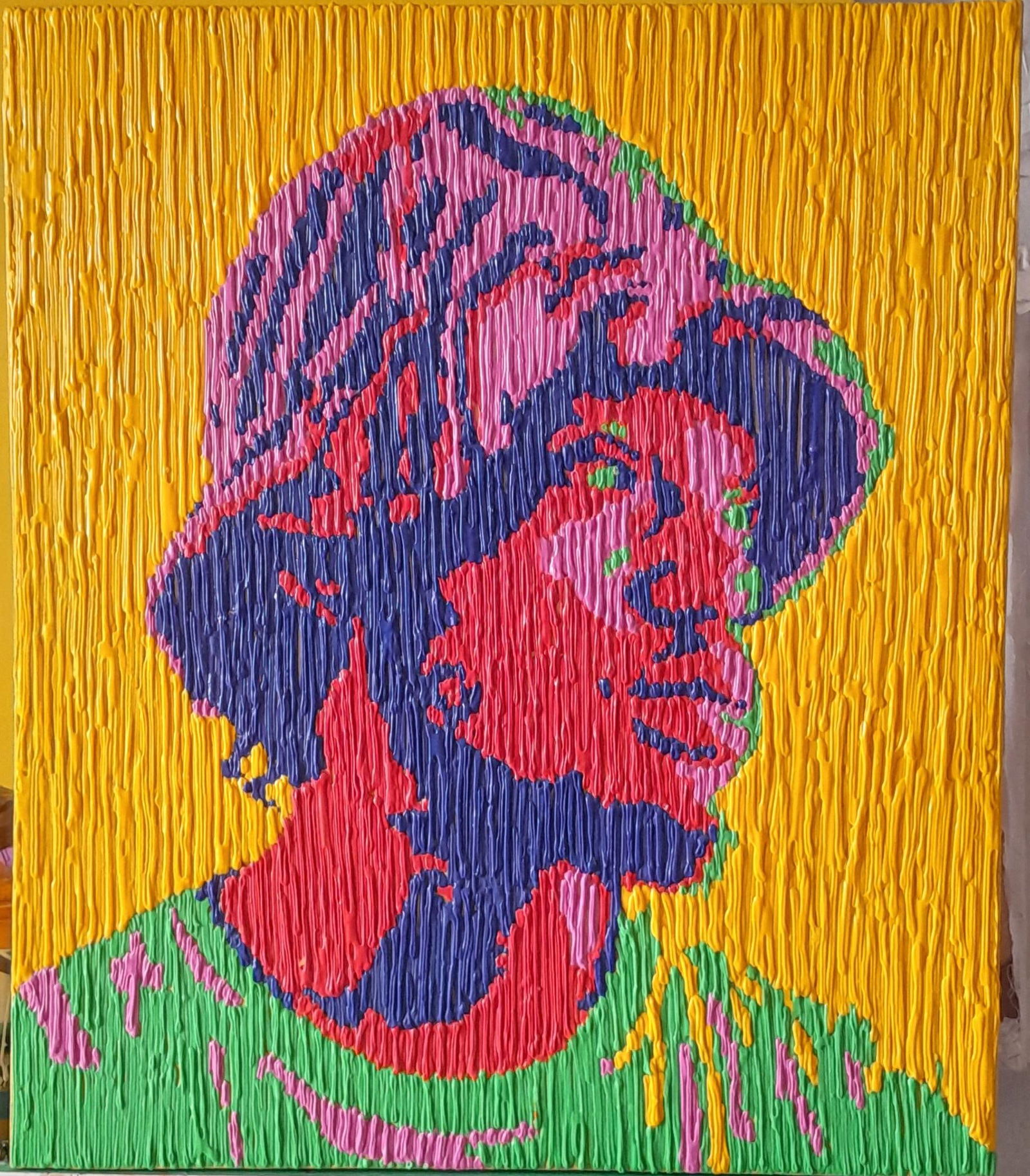 Bello Adedoyin, Guy in Hat - 21st Century, Contemporary, Figurative Portrait, Acrylic Drip, Men,: Creator: Bello Adedoyin (1984, Nigerian) Creation Year: 2023 Dimensions: Height: 28 in (71.12 cm)Width: 24 in (60.96 cm)Depth: 1 in (2.54 cm) Medium: Canvas,Acrylic Movement & Style: 