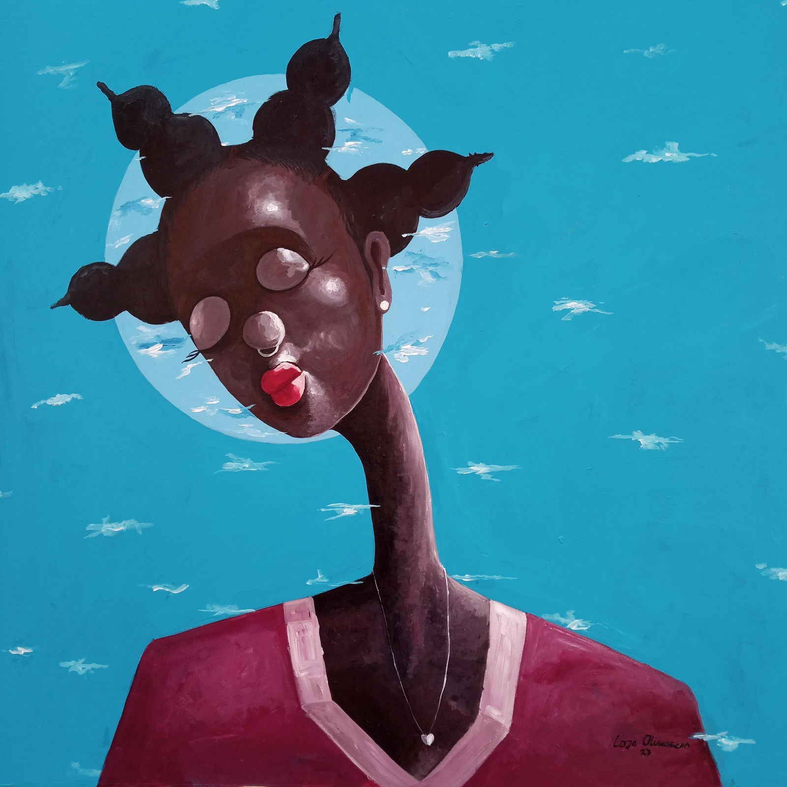 Loje Oluwaseun , Healing 2 - 21st Century, Contemporary, Figurative Portrait, Women, Blue, Africa,: Creator: Loje Oluwaseun (1990, Nigerian) Creation Year: 2023 Dimensions: Height: 43 in (109.22 cm)Width: 40 in (101.6 cm)Depth: 1 in (2.54 cm) Medium: Canvas,Acrylic Movement & Style: 
