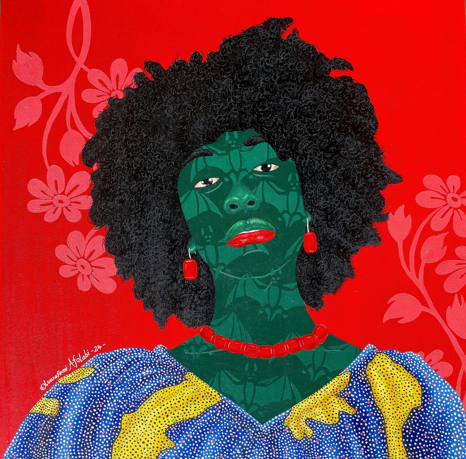 Oluwafemi Afolabi, Mixed Feeling - 21st Century, Contemporary, Figurative, Women, African Fabric,: Creator: Oluwafemi Afolabi (1992, Nigerian) Creation Year: 2024 Dimensions: Height: 24 in (60.96 cm)Width: 24 in (60.96 cm)Depth: 1 in (2.54 cm) Medium: Canvas,Acrylic Movement & Style: 