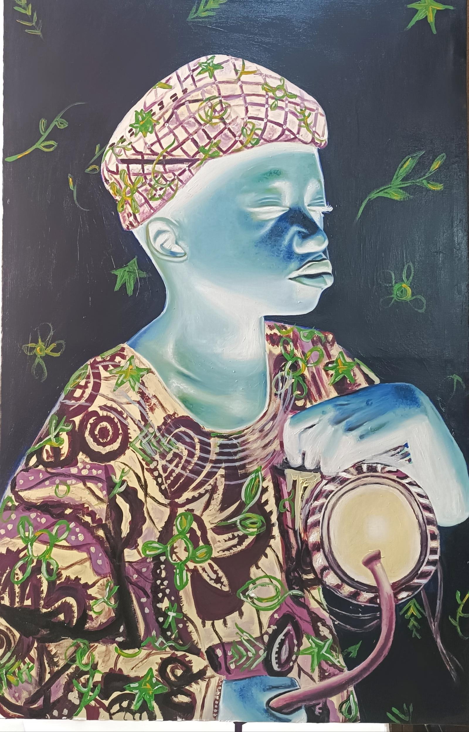 Mayowa Adekile, Drumming Soul - 21st Century, Contemporary, Figurative, Music, Men, Africa Drum,: Creator: Mayowa Adekile (1993, Nigerian) Creation Year: 2024 Dimensions: Height: 35 in (88.9 cm)Width: 24 in (60.96 cm)Depth: 1 in (2.54 cm) Medium: Canvas,Oil,Acrylic Movement & Style: 