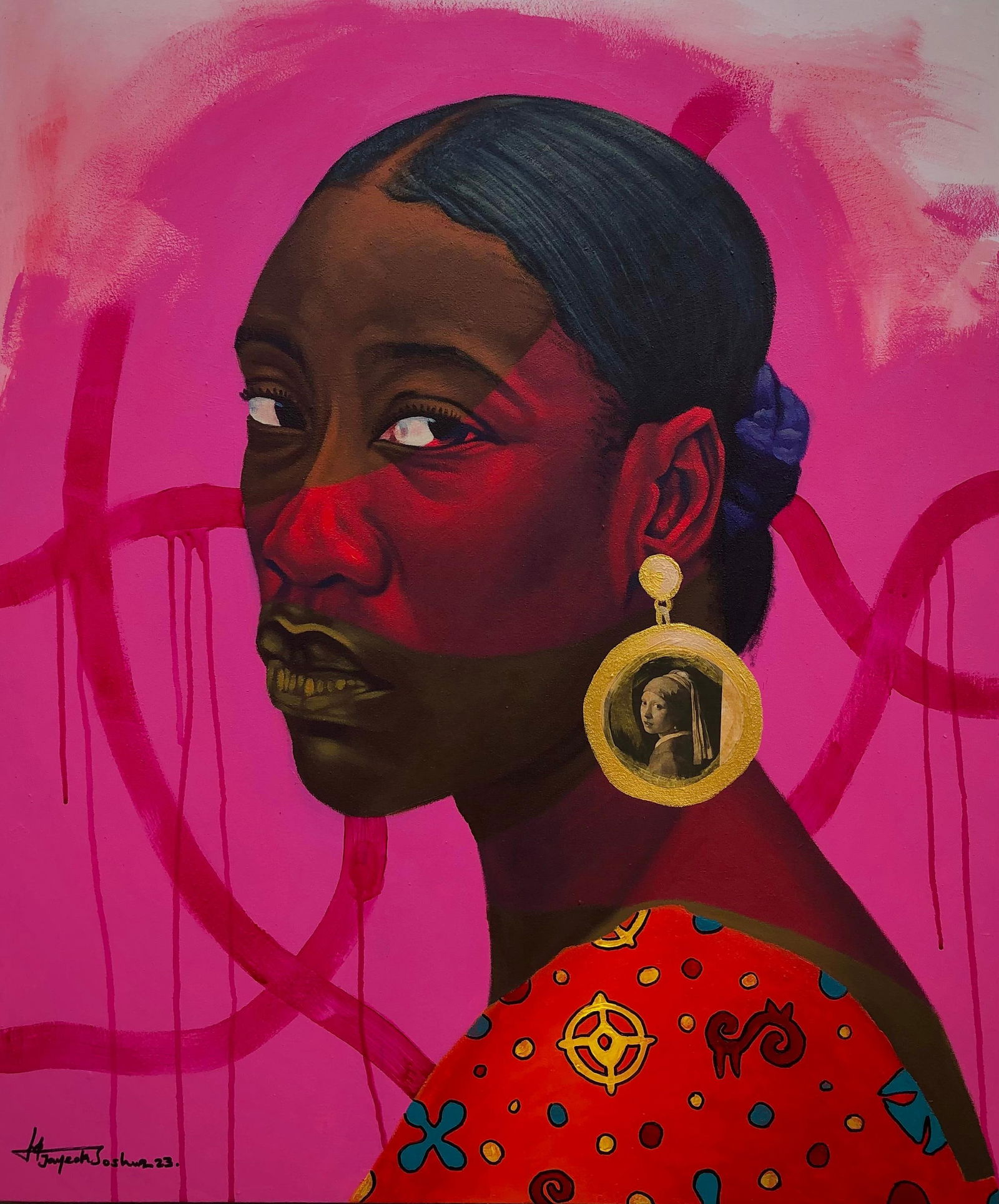 Jayeola Joshua, Lady in Pearl -21st Century, Contemporary, Figurative Portrait, Women, Beautiful,: Creator: Jayeola Joshua (2000, Nigerian) Creation Year: 2023 Dimensions: Height: 36 in (91.44 cm)Width: 30 in (76.2 cm)Depth: 1 in (2.54 cm) Medium: Canvas,Acrylic Movement & Style: Contemporary Perio