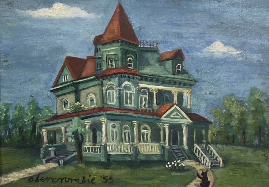 GERTRUDE ABERCROMBIE PAINTINGOIL ON CANVAS "55: Title:GERTRUDE ABERCROMBIE PAINTINGOIL ON CANVAS "55Description:Getrude Abercrombie painting of a Victorian home by artist Isaiah Davis Durham, dated '55. The item is signed "abercrombie '55" in the