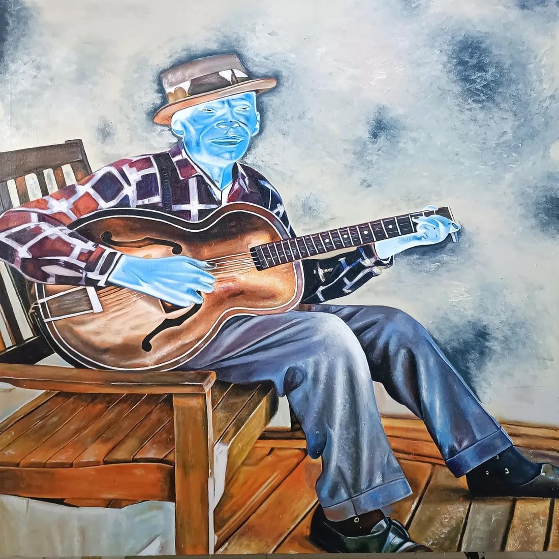 Mayowa Adekile, Soulful Melodic Insight - 21st Century, Contemporary, Figurative, Music, Men, 2024: Creator: Mayowa Adekile (1993, Nigerian) Creation Year: 2024 Dimensions: Height: 40 in (101.6 cm)Width: 40 in (101.6 cm)Depth: 1 in (2.54 cm) Medium: Canvas,Oil,Acrylic Movement & Style: 