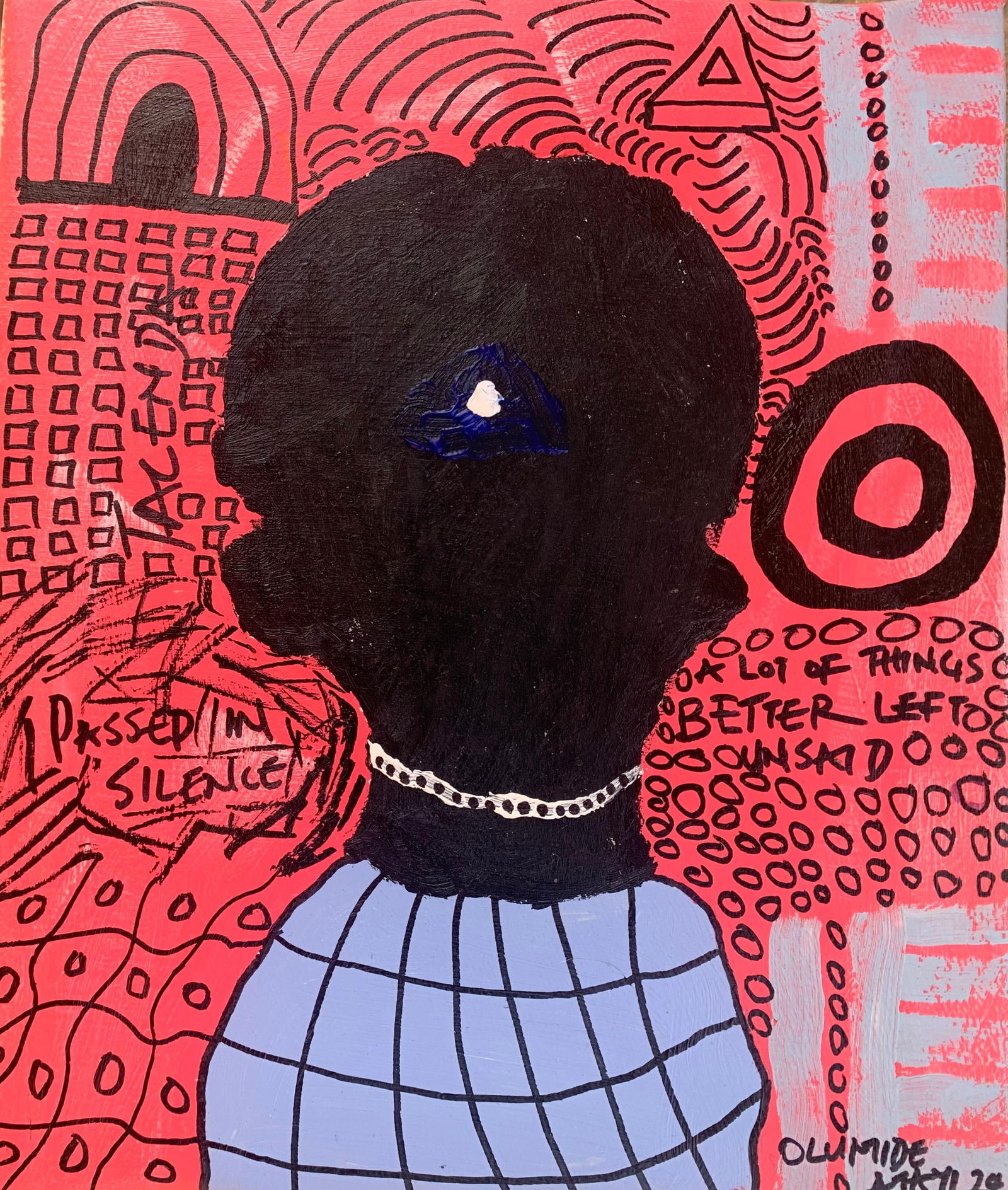 Olumide Ajayi, Tacenda - 21st Century, Contemporary, Abstract, Miniature, Emotions, Colourful, 2024: Creator: Olumide Ajayi (1996, Nigerian) Creation Year: 2024 Dimensions: Height: 12 in (30.48 cm)Width: 10 in (25.4 cm)Depth: 1 in (2.54 cm) Medium: Canvas,Ink,Acrylic Movement & Style: Abstract