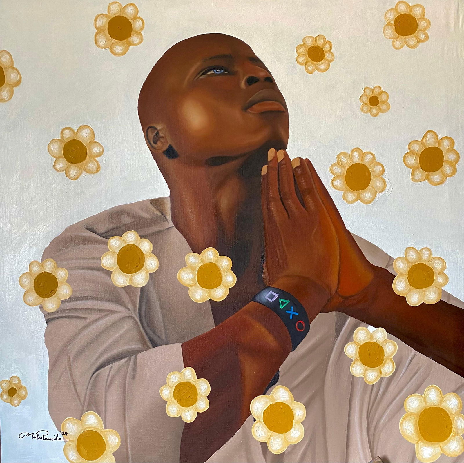 Tolulope Adigbo, Psalm 121 -21st Century Contemporary, Figurative Portrait, Religious, Floral, 2024: Creator: Tolulope Adigbo (1992, Nigerian) Creation Year: 2024 Dimensions: Height: 36 in (91.44 cm)Width: 36 in (91.44 cm)Depth: 1 in (2.54 cm) Medium: Canvas,Oil Movement & Style: Expressionist