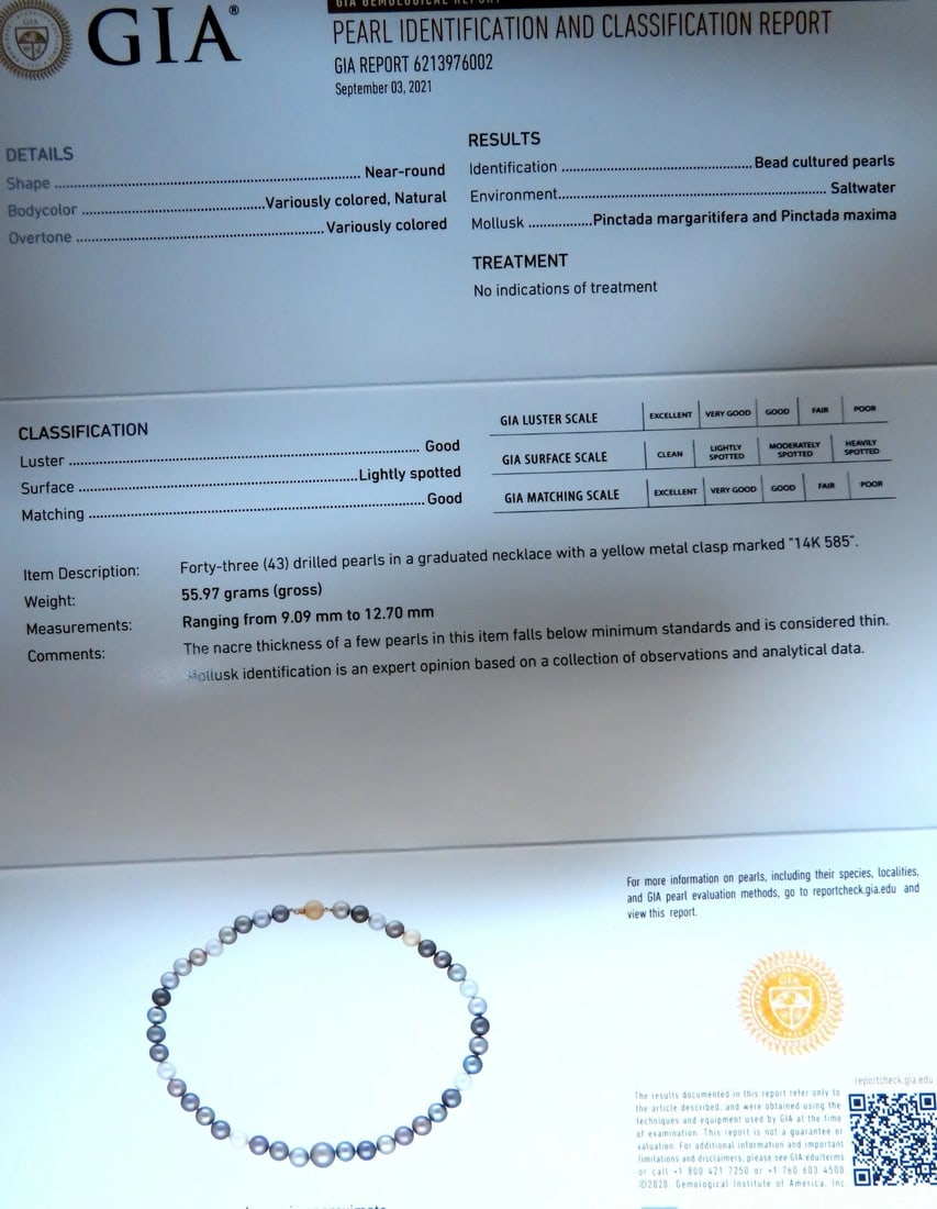 GIA certified Natural Multicolor Tahitian Saltwater Pearls necklace 12.7m 14k** - 3