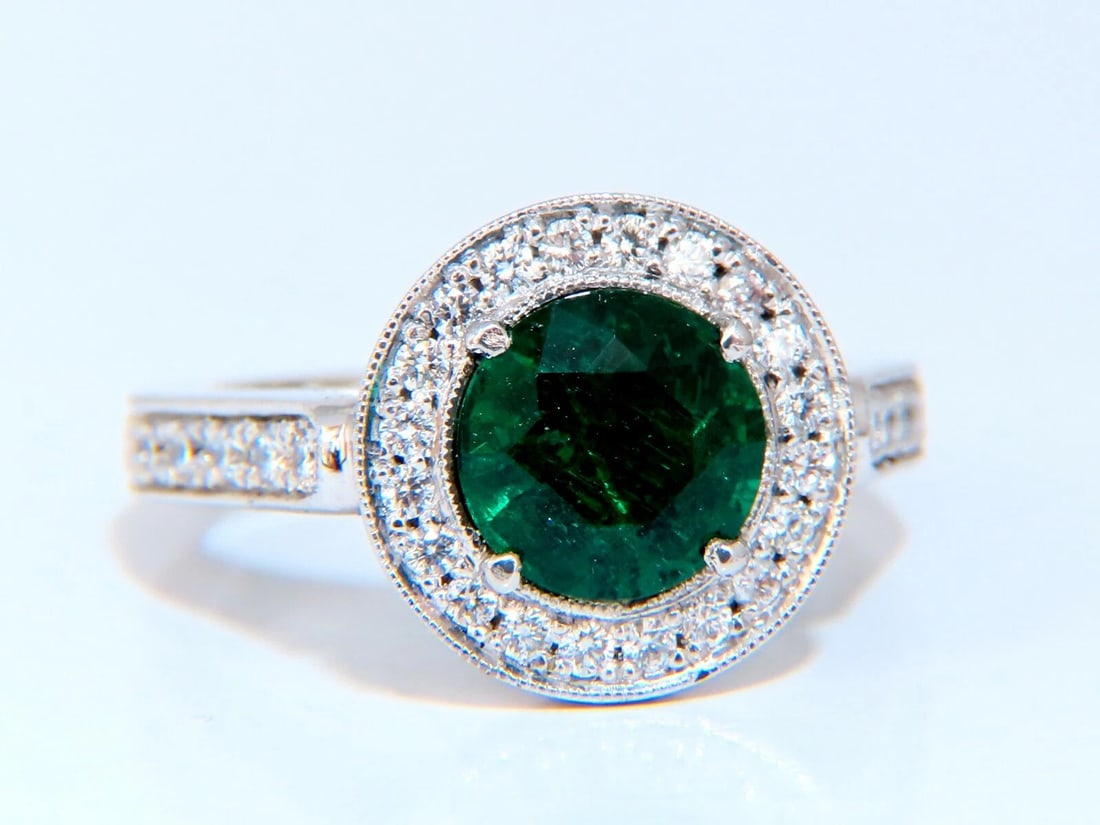 GIA Certified: 1.62ct Natural Emerald Diamonds Ring 14kt (F1): Title: GIA Certified: 1.62ct Natural Emerald Diamonds Ring 14kt (F1) Description: Halo Green. 1.62ct. Natural Emerald Ring GIA Certified: #6214622811 (To Accompany) 7.59 X 7.71 x 5.07mm Full cut Round