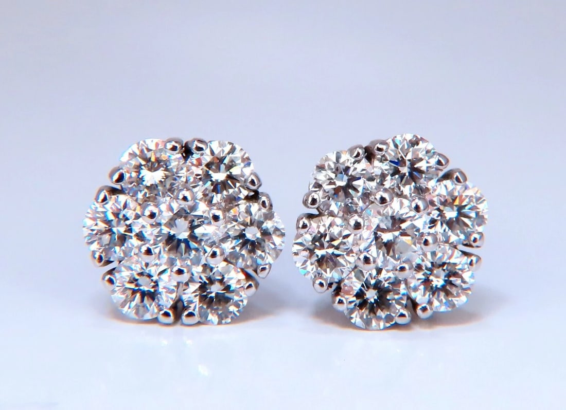 1.70ct. natural round diamond cluster earrings 14 karat floreta**: Title: 1.70ct. natural round diamond cluster earrings 14 karat floreta** Description: Floreta cluster snowflake diamond earrings. 1.70 carat natural round diamonds G color vs2 clarity 14 karat