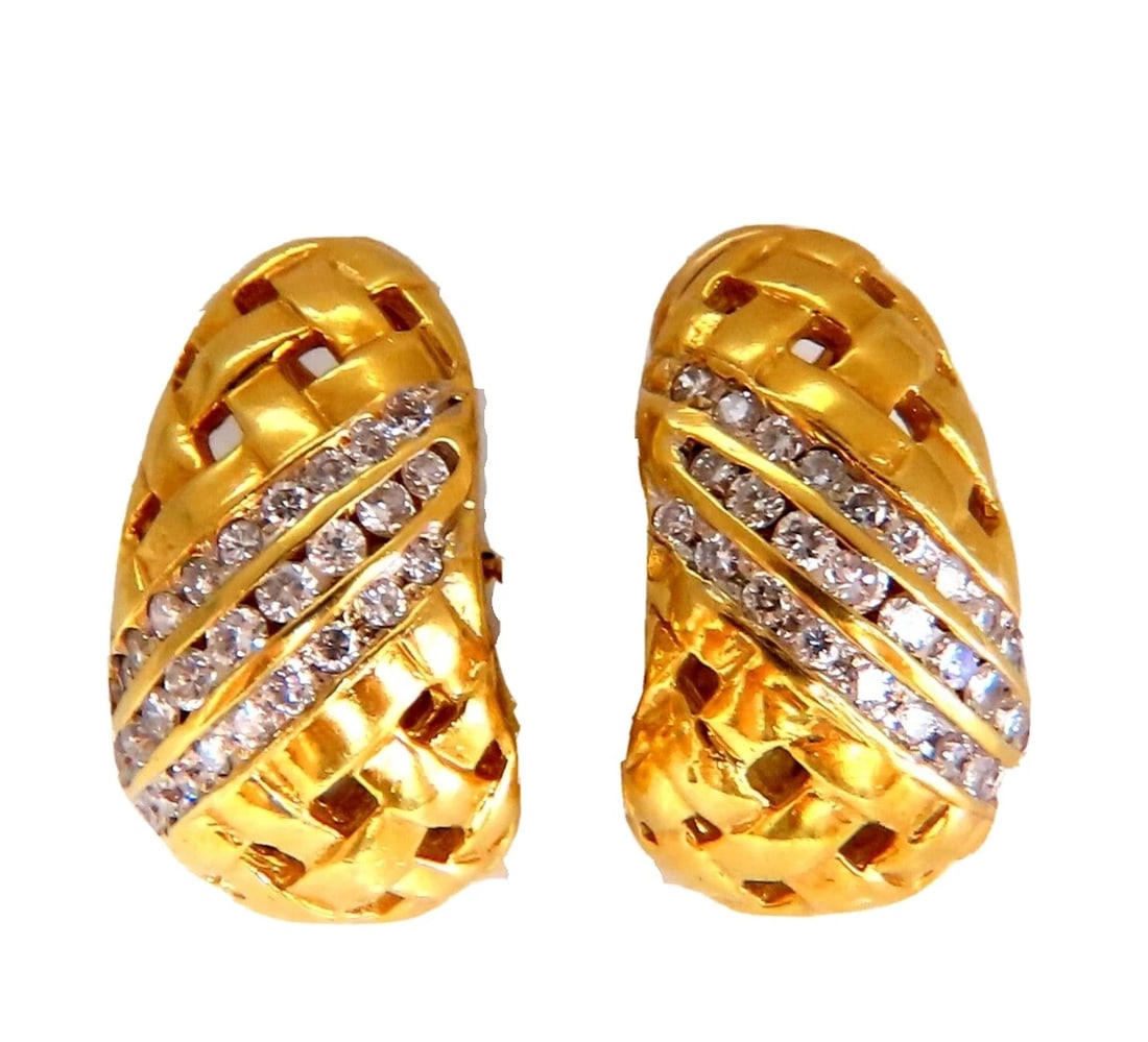 Basket weave natural 1.50ct diamond clip earrings 18kt**: Title: Basket weave natural 1.50ct diamond clip earrings 18kt** Description: 1.50 carat natural diamond set in channel basket weave clip earrings. G color Vs2 clarity. 18kt yellow gold 16.5