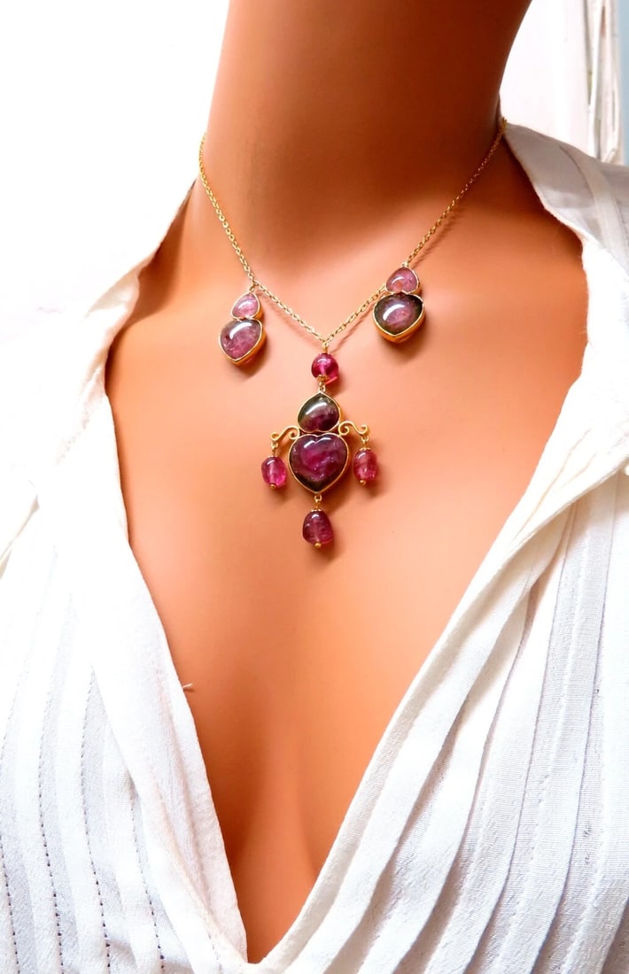 80ct Natural Carved Watermelon Purple Pink Tourmalines Necklace 14kt** - 7