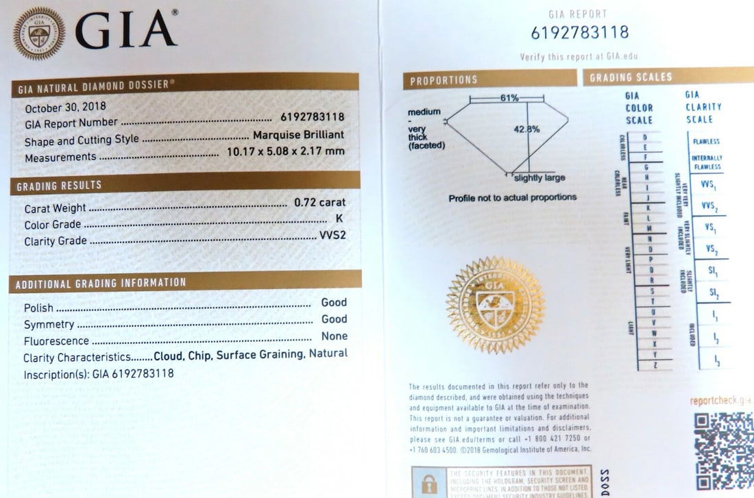 GIA Certified .72ct Natural Marquise Diamond 14kt** - 11