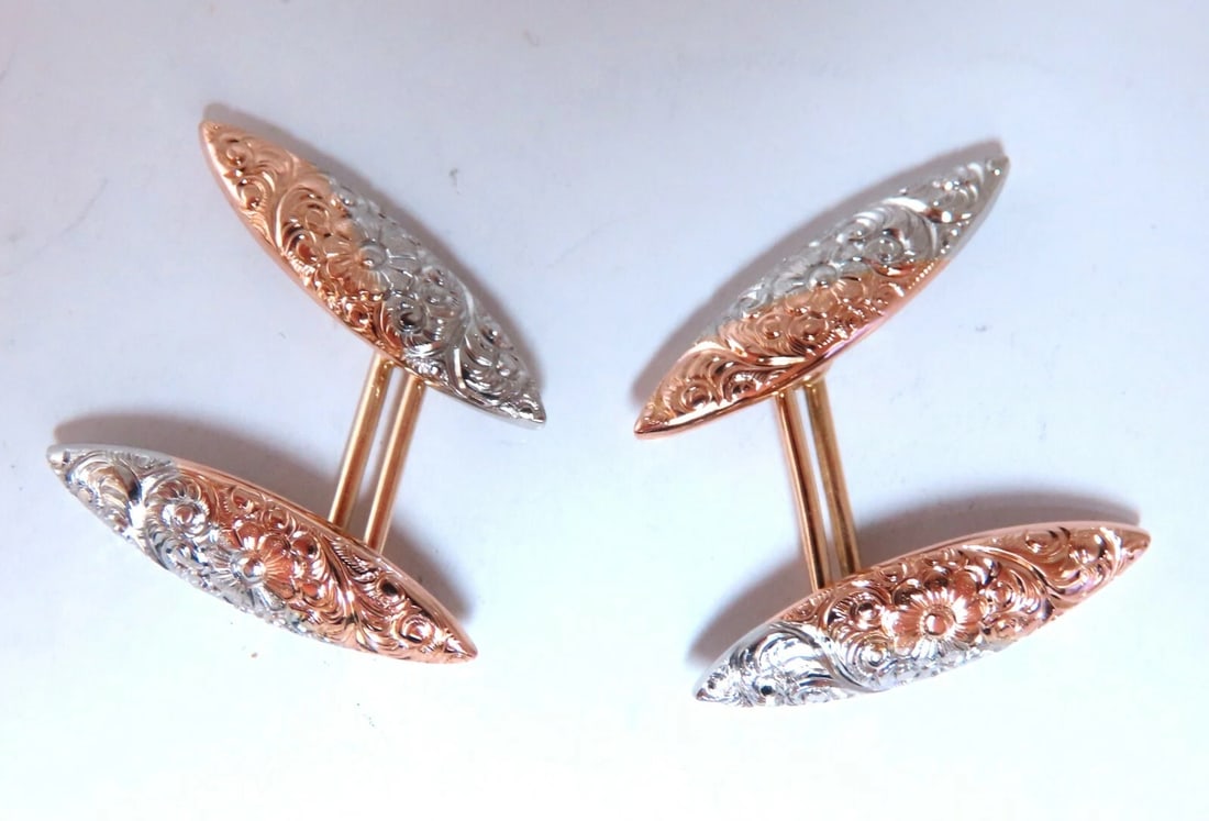 14kt Spanish Gilt Deco Marquise Shape Cufflinks**: Title: 14kt Spanish Gilt Deco Marquise Shape Cufflinks** Description: MAGNIFICENT JEWELS Amazing detail Textured Spanish Deco Cufflinks Gorgeous detail. 5.6 grams. 14kt. yellow gold Each Tab 22 x