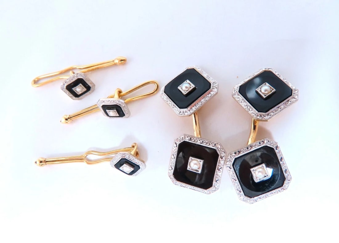 14kt Gold Onyx Studs & Cufflinks Set** - 2